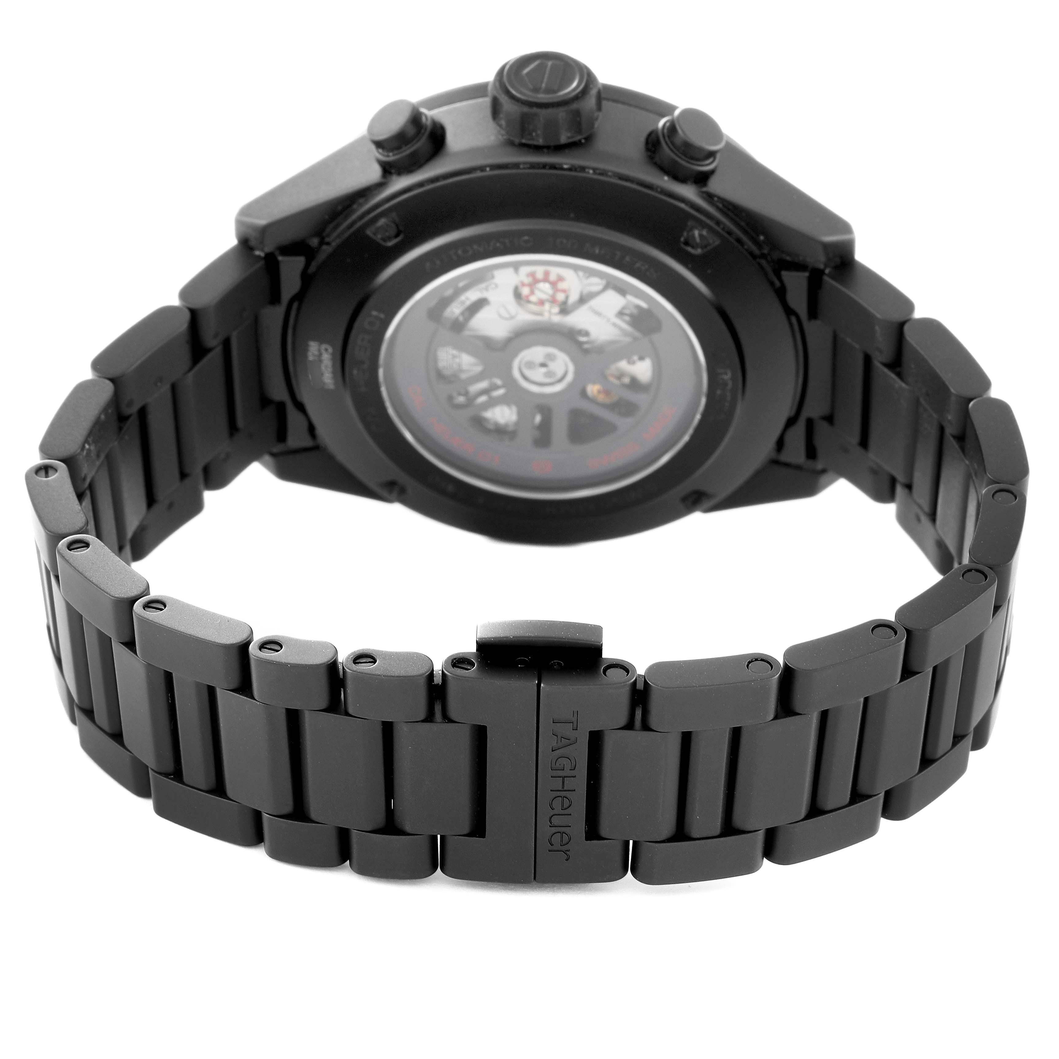 The image shows the back view of the Tag Heuer Carrera CAR2A91 Men's Ceramic Black Dial CAR2A91 Men's Ceramic Black Dial watch, highlighting the bracelet and case back.