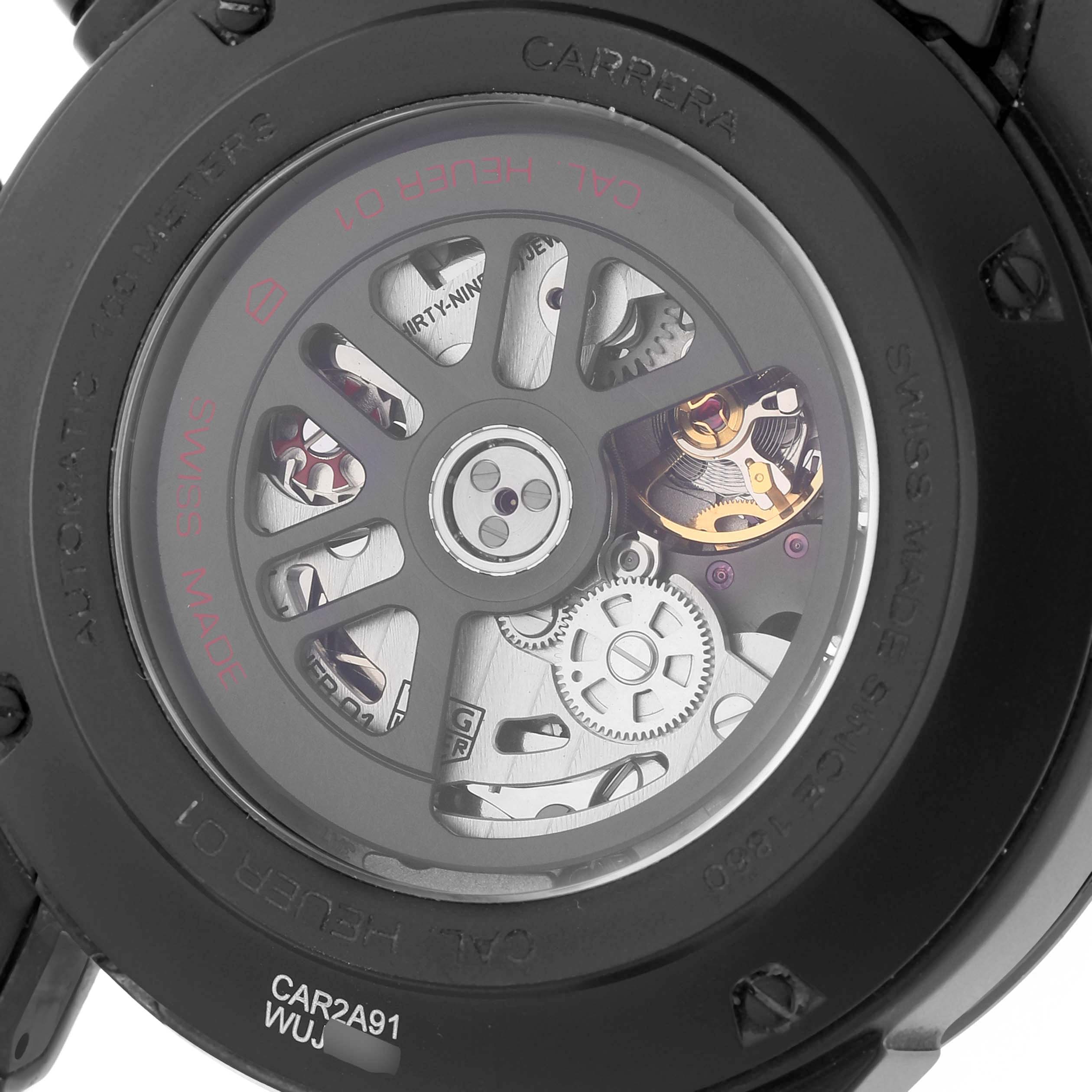 The image shows the back view of a Tag Heuer Carrera CAR2A91 Men's Ceramic Black Dial CAR2A91 Men's Ceramic Black Dial model watch, highlighting its internal mechanisms and automatic movement.