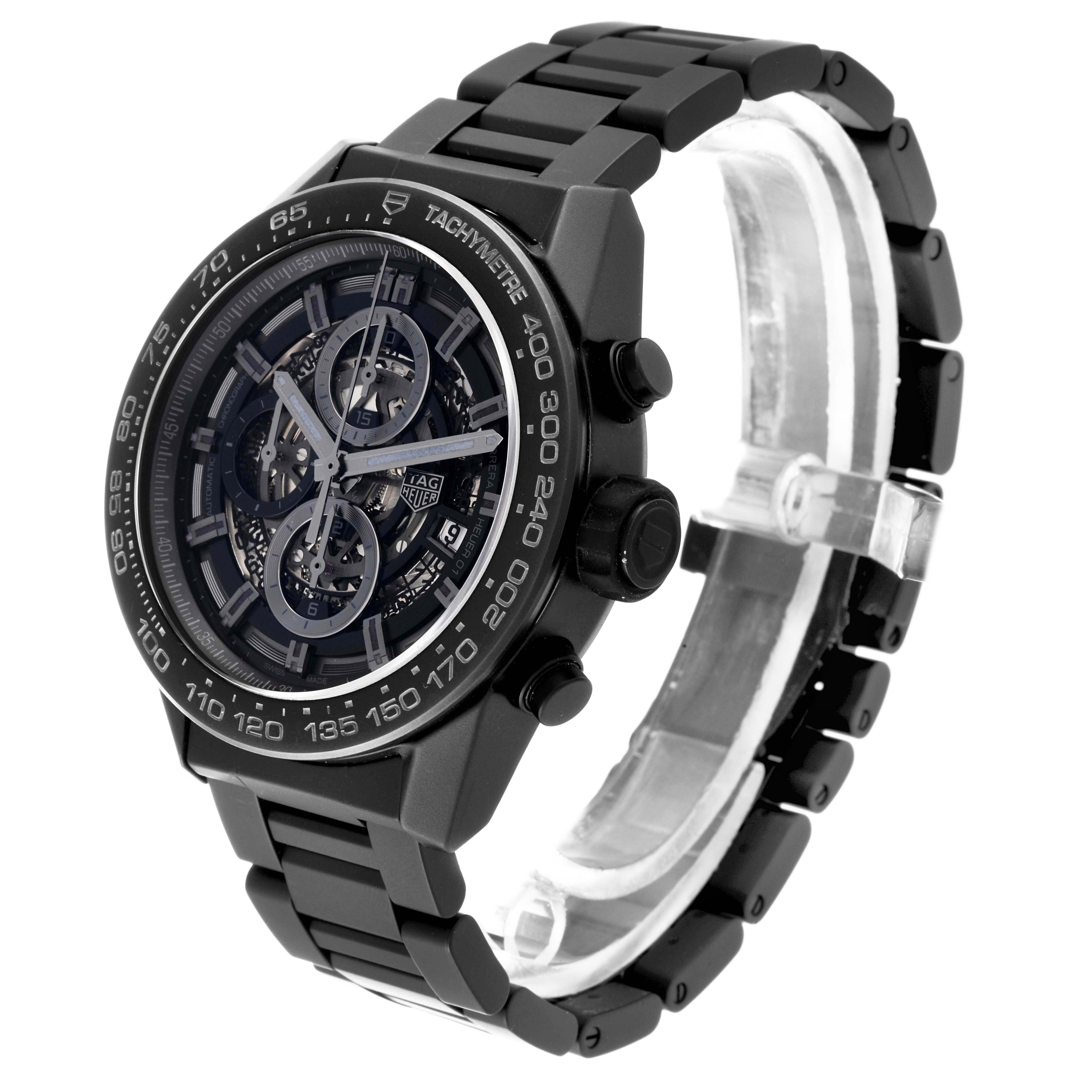 The image shows a side and front view of the Tag Heuer Carrera CAR2A91 Men's Ceramic Black Dial CAR2A91 Men's Ceramic Black Dial watch, highlighting its dial, tachymeter, and black bracelet.