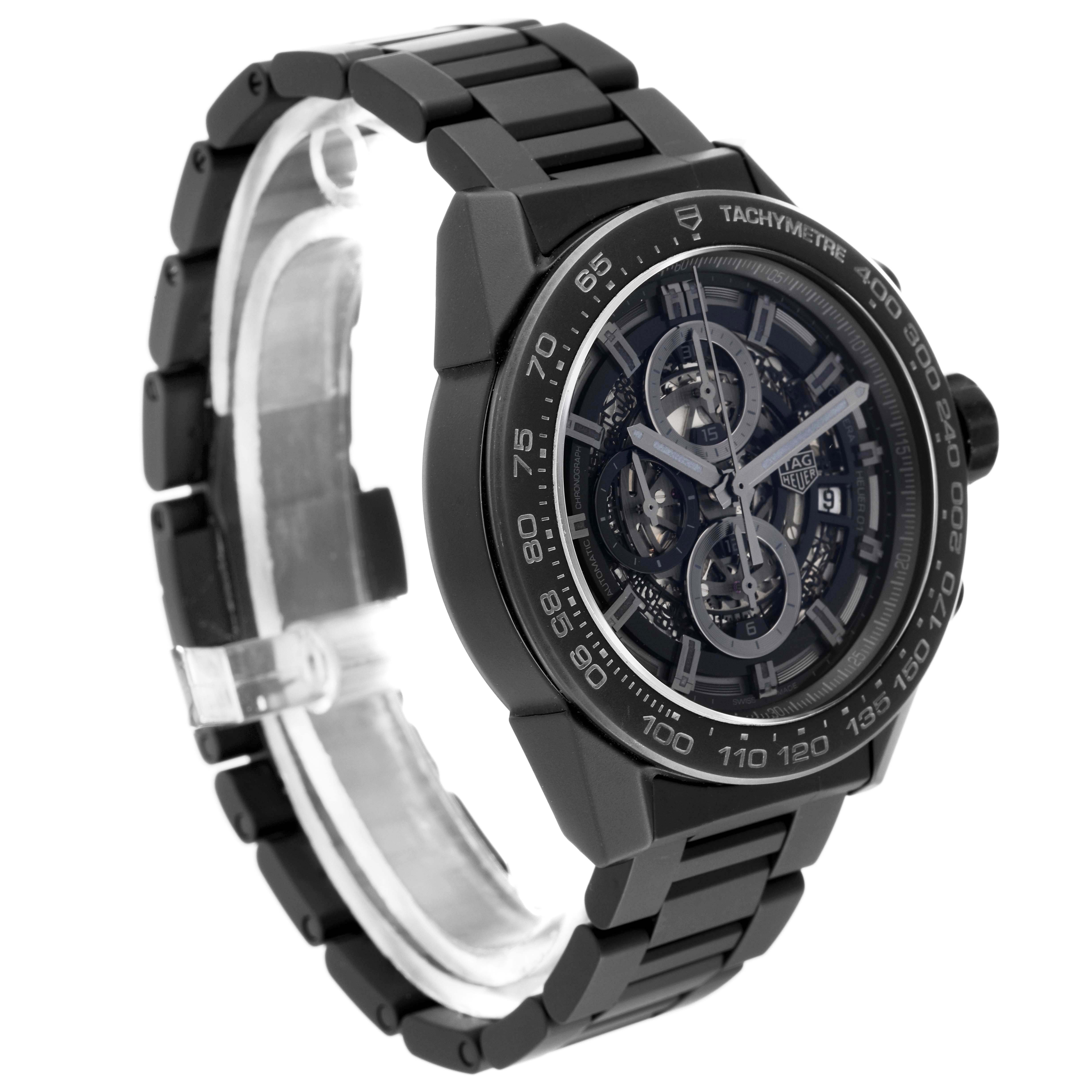 The Tag Heuer Carrera CAR2A91 Men's Ceramic Black Dial CAR2A91 Men's Ceramic Black Dial model watch is shown at an angled side view, displaying its face, tachymeter bezel, and bracelet.