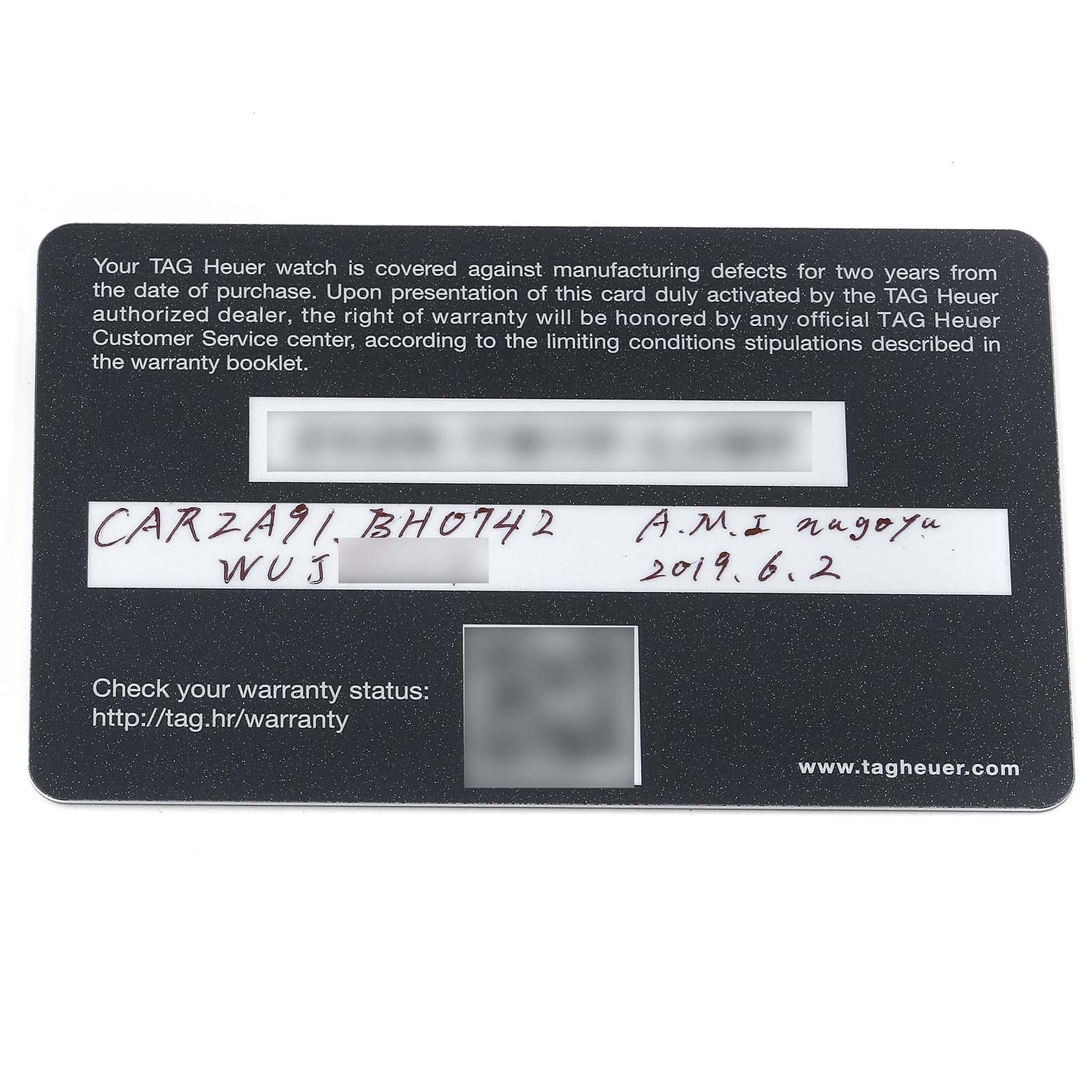 The image shows the warranty card for a Tag Heuer Carrera CAR2A91 Men's Ceramic Black Dial CAR2A91 Men's Ceramic Black Dial model watch, displaying information about coverage and warranty status.