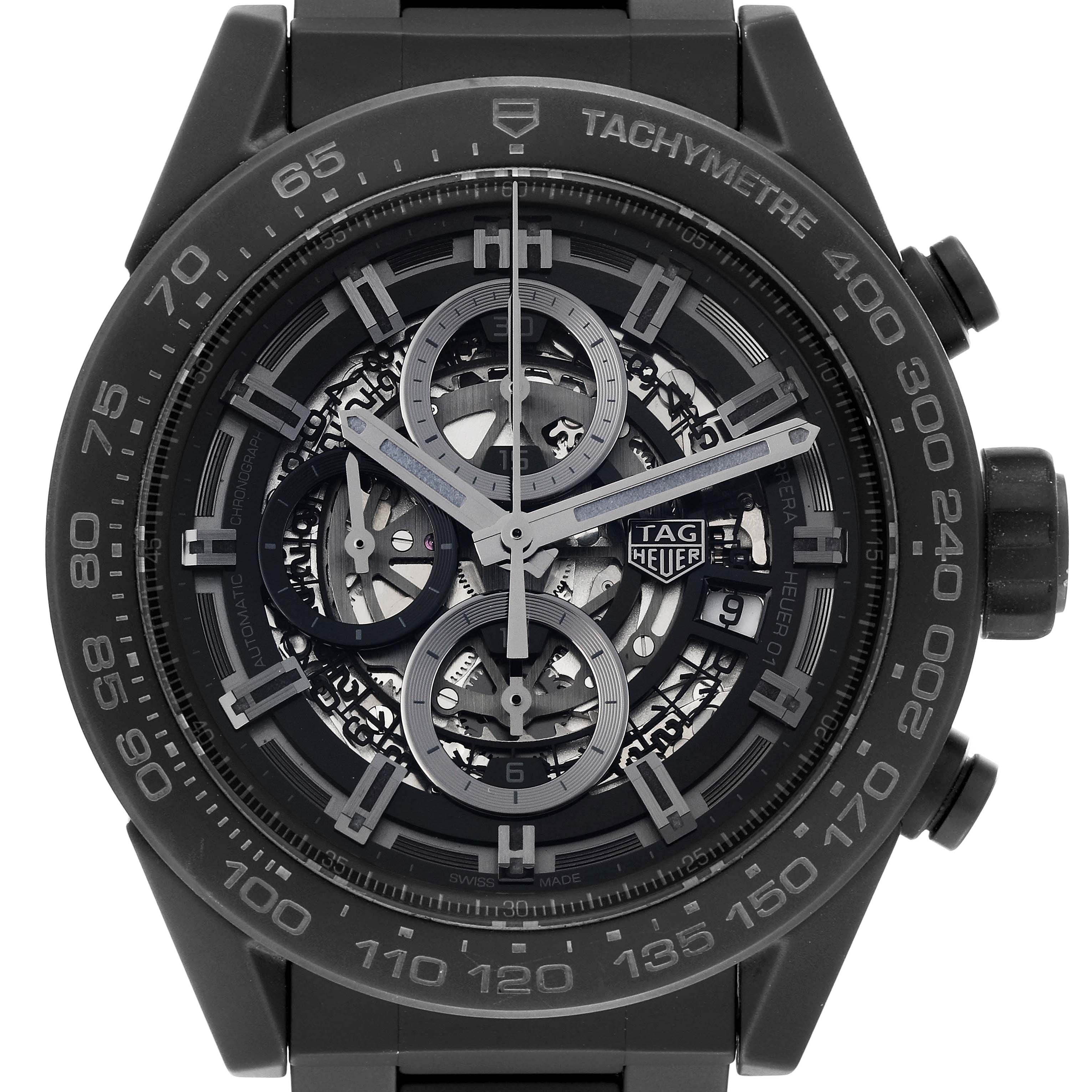 This image shows a front view of the Tag Heuer Carrera CAR2A91 Men's Ceramic Black Dial CAR2A91 Men's Ceramic Black Dial watch, highlighting its skeleton dial and tachymeter bezel.