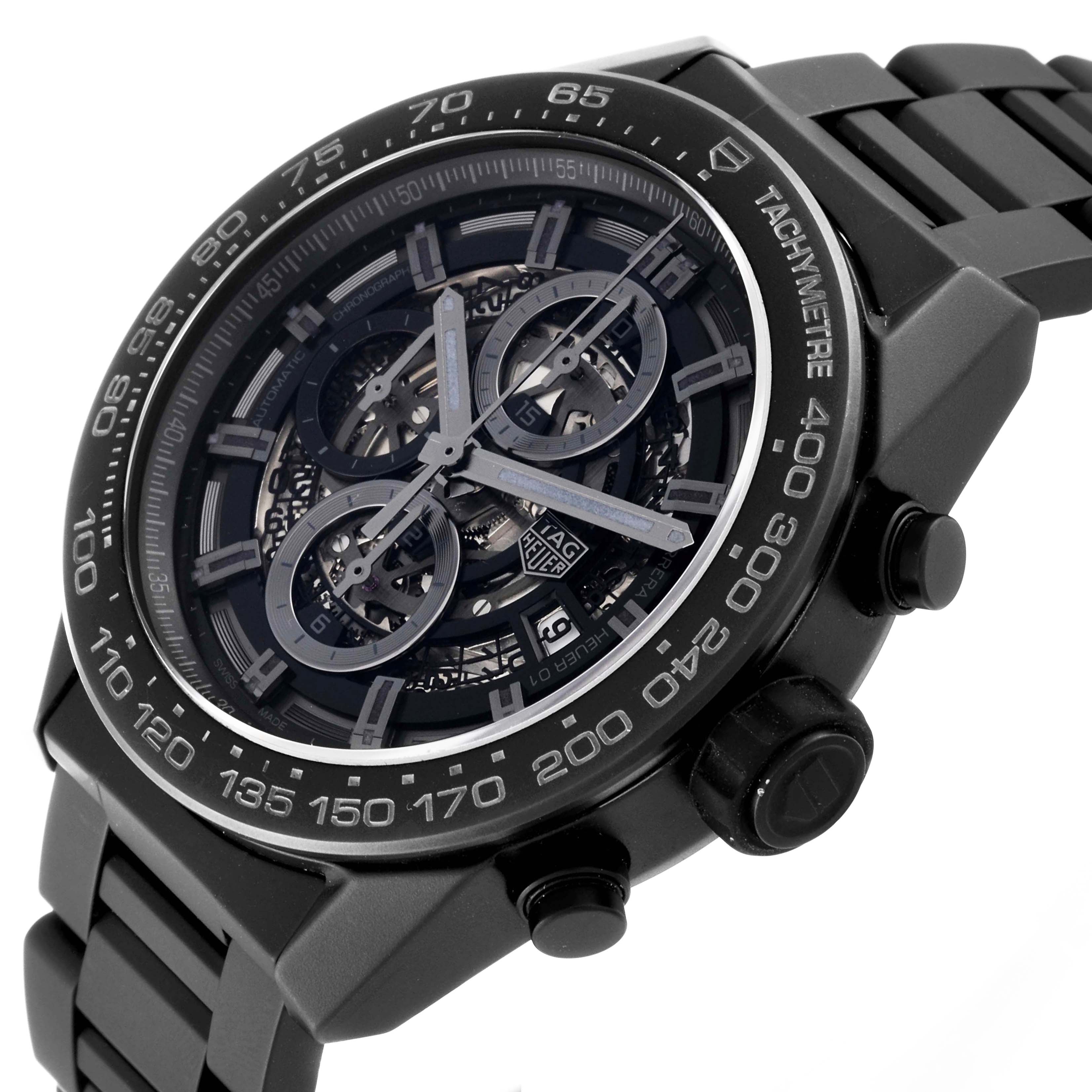 The image shows a Tag Heuer Carrera CAR2A91 Men's Ceramic Black Dial CAR2A91 Men's Ceramic Black Dial watch from an angled perspective, highlighting its face, tachymeter, and chronograph pushers.