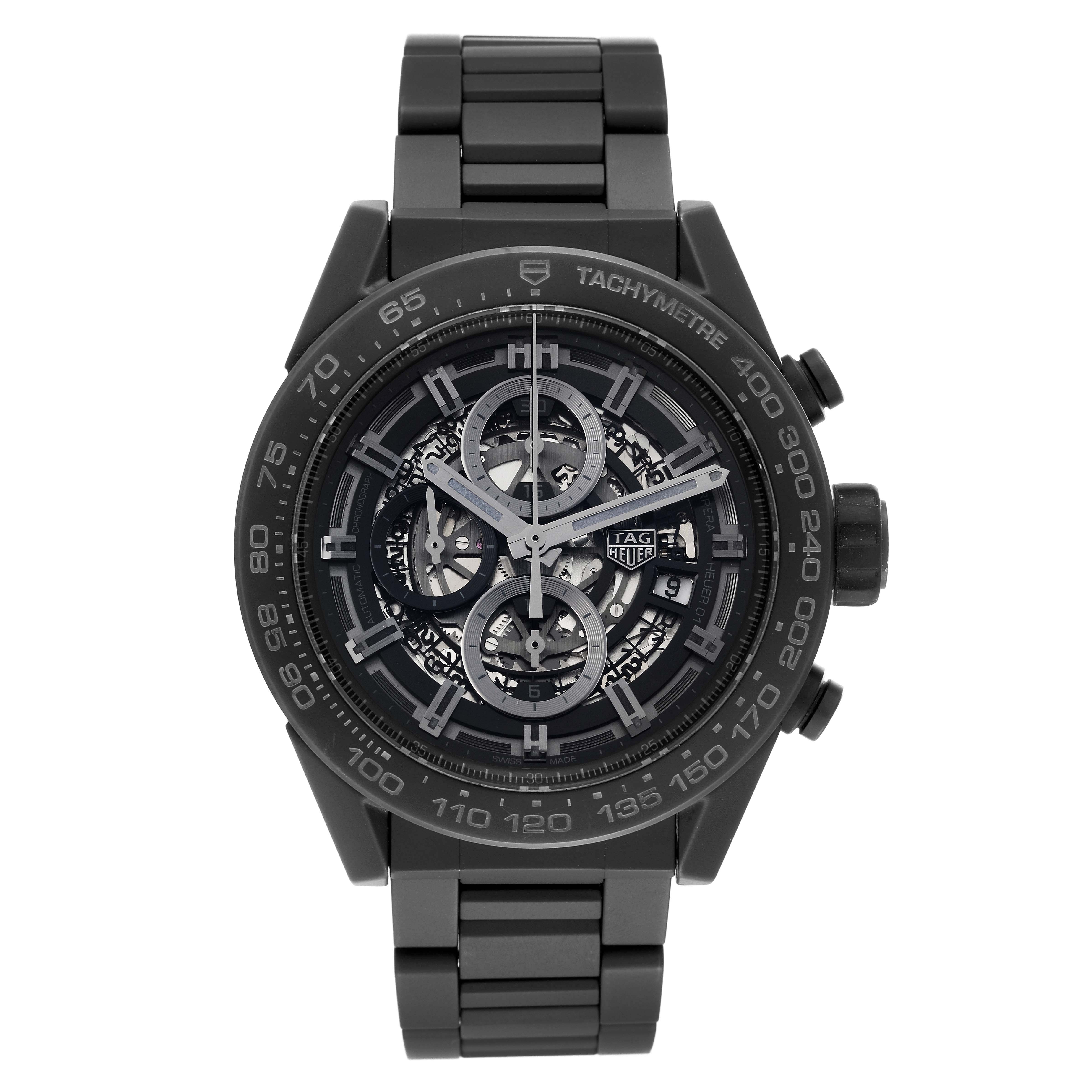 The image shows a front view of the Tag Heuer Carrera CAR2A91 Men's Ceramic Black Dial CAR2A91 Men's Ceramic Black Dial watch, highlighting its face, bezel, and metal bracelet.