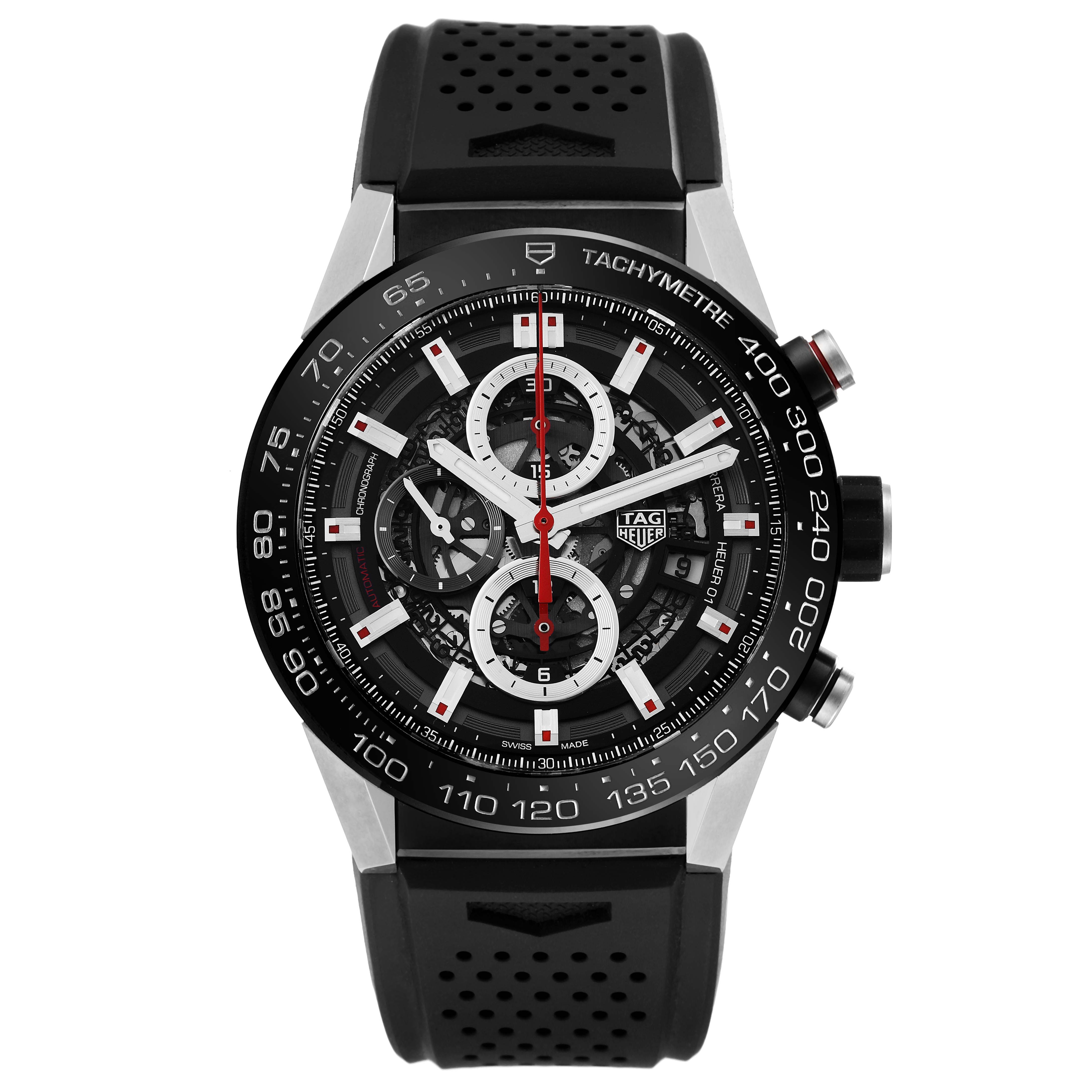 The image shows a front view of the Tag Heuer Carrera CAR2A1Z Men's Stainless Steel Black Dial CAR2A1Z Men's Stainless Steel Black Dial model, displaying its watch face, bezel, and strap.