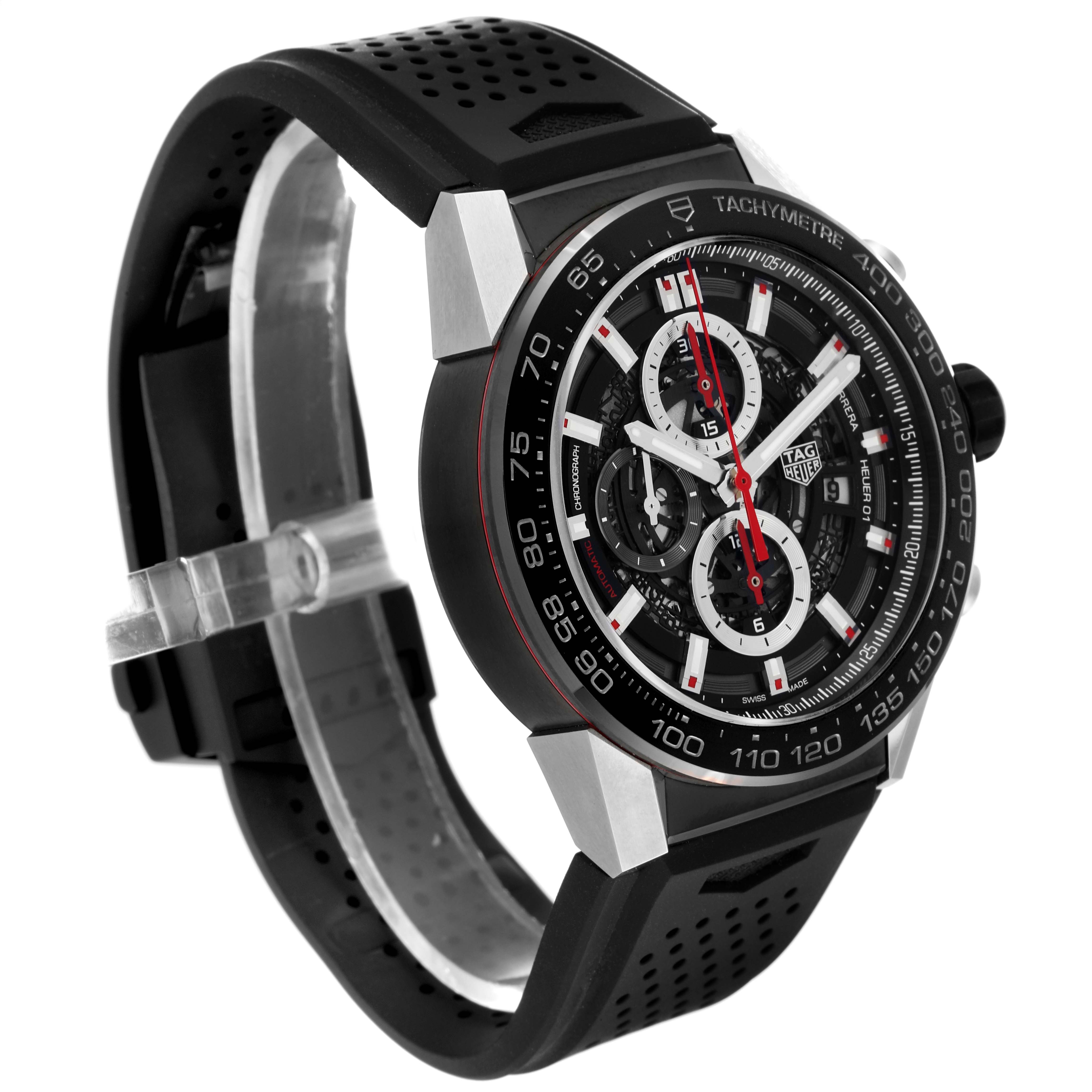 The Tag Heuer Carrera CAR2A1Z Men's Stainless Steel Black Dial CAR2A1Z Men's Stainless Steel Black Dial watch is shown from a three-quarter angle, highlighting its black rubber strap and detailed chronograph dial.