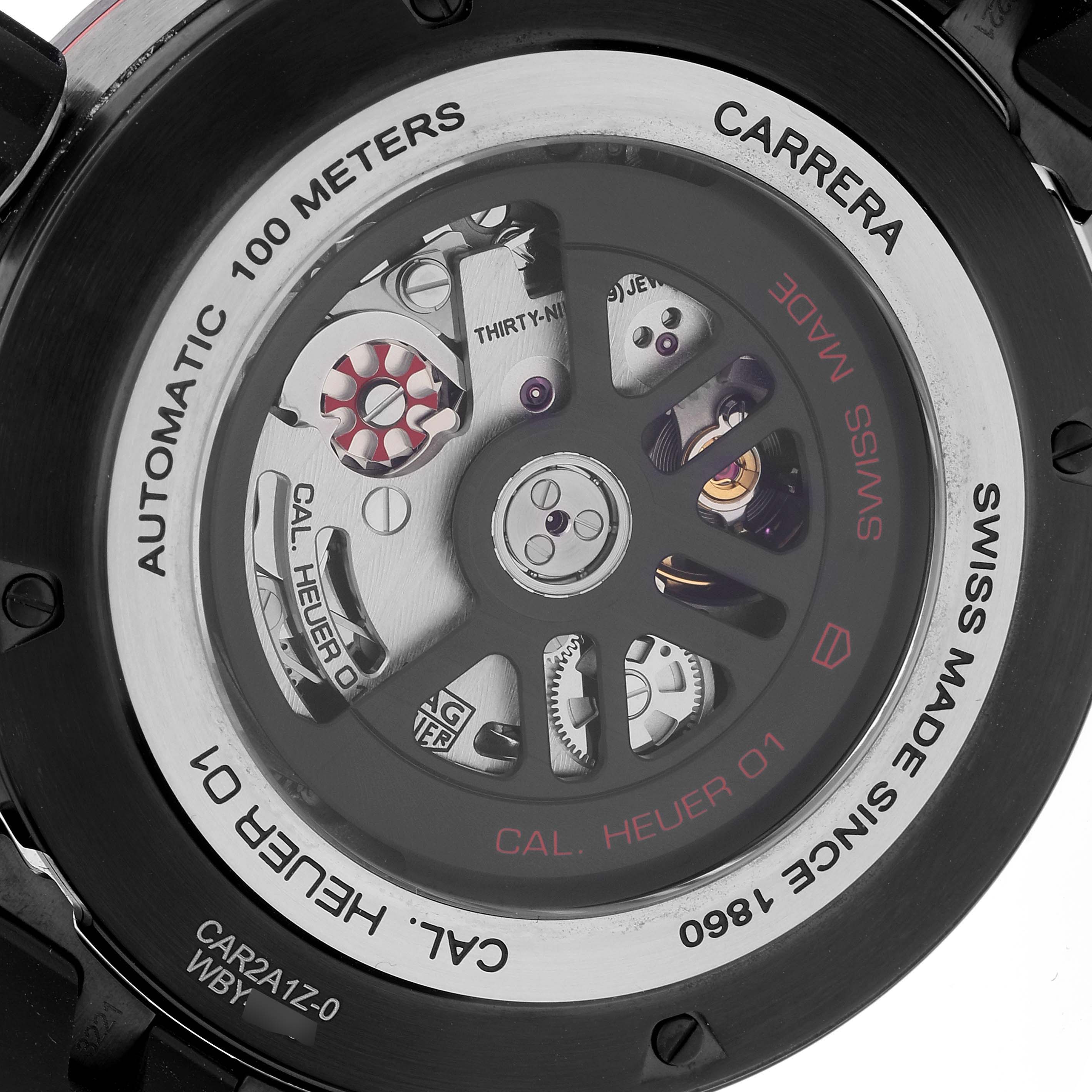 The image shows the back of a Tag Heuer Carrera CAR2A1Z Men's Stainless Steel Black Dial CAR2A1Z Men's Stainless Steel Black Dial watch, highlighting its automatic movement and internal components.