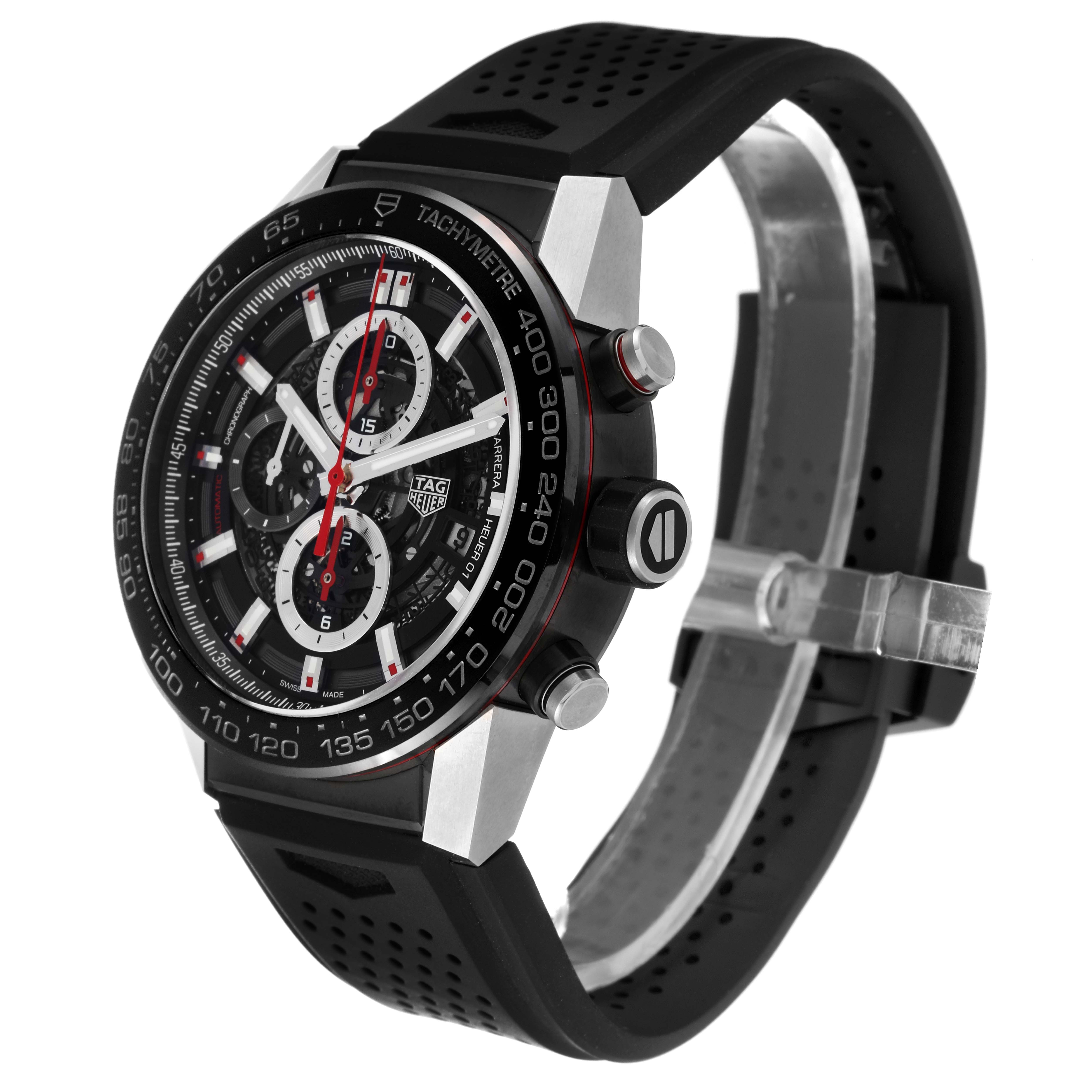 The image shows a Tag Heuer Carrera CAR2A1Z Men's Stainless Steel Black Dial CAR2A1Z Men's Stainless Steel Black Dial watch at a three-quarter angle, highlighting its face, bezel, and black rubber strap.