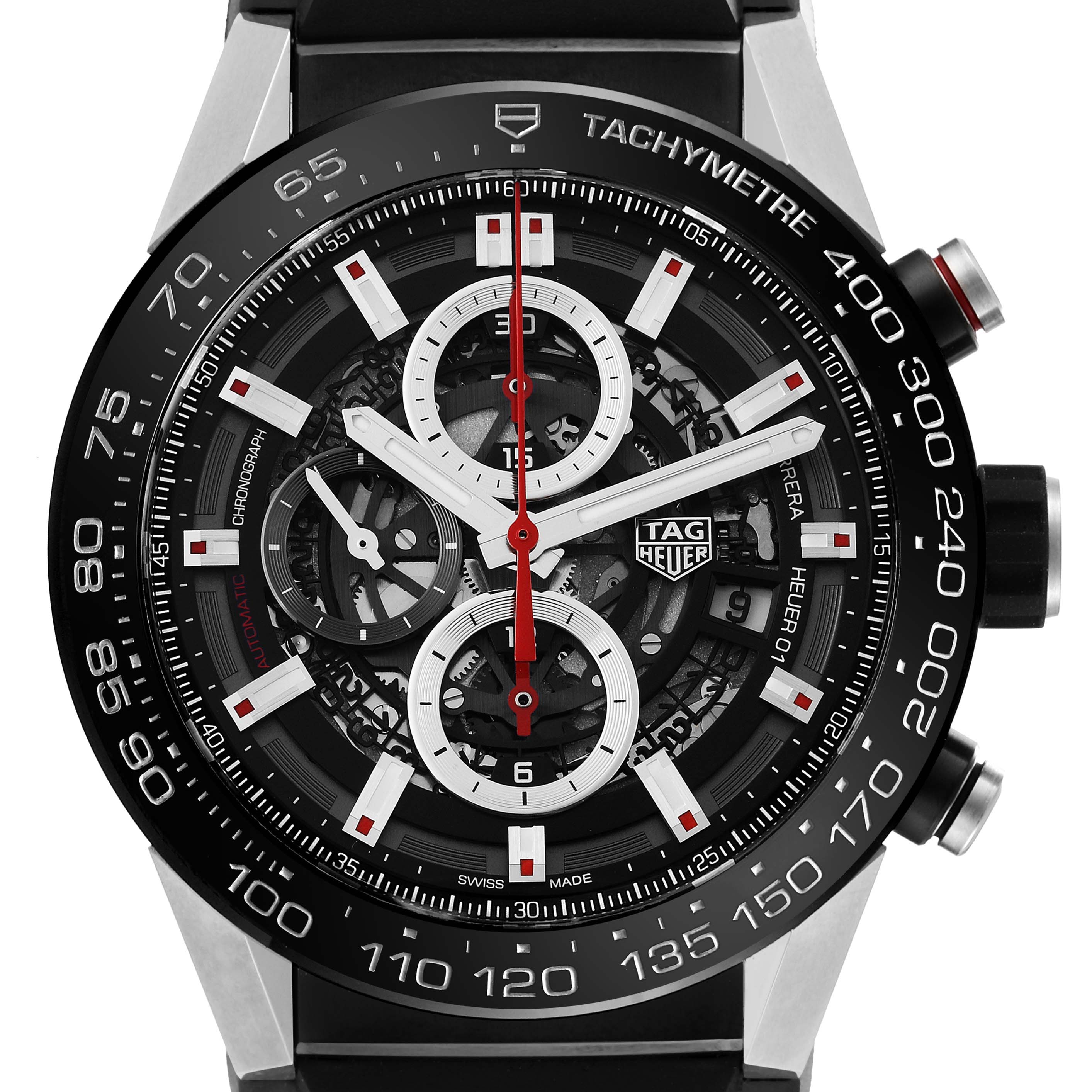 This image shows a close-up of the face of the Tag Heuer Carrera CAR2A1Z Men's Stainless Steel Black Dial CAR2A1Z Men's Stainless Steel Black Dial watch, highlighting its chronograph dials and tachymeter scale.