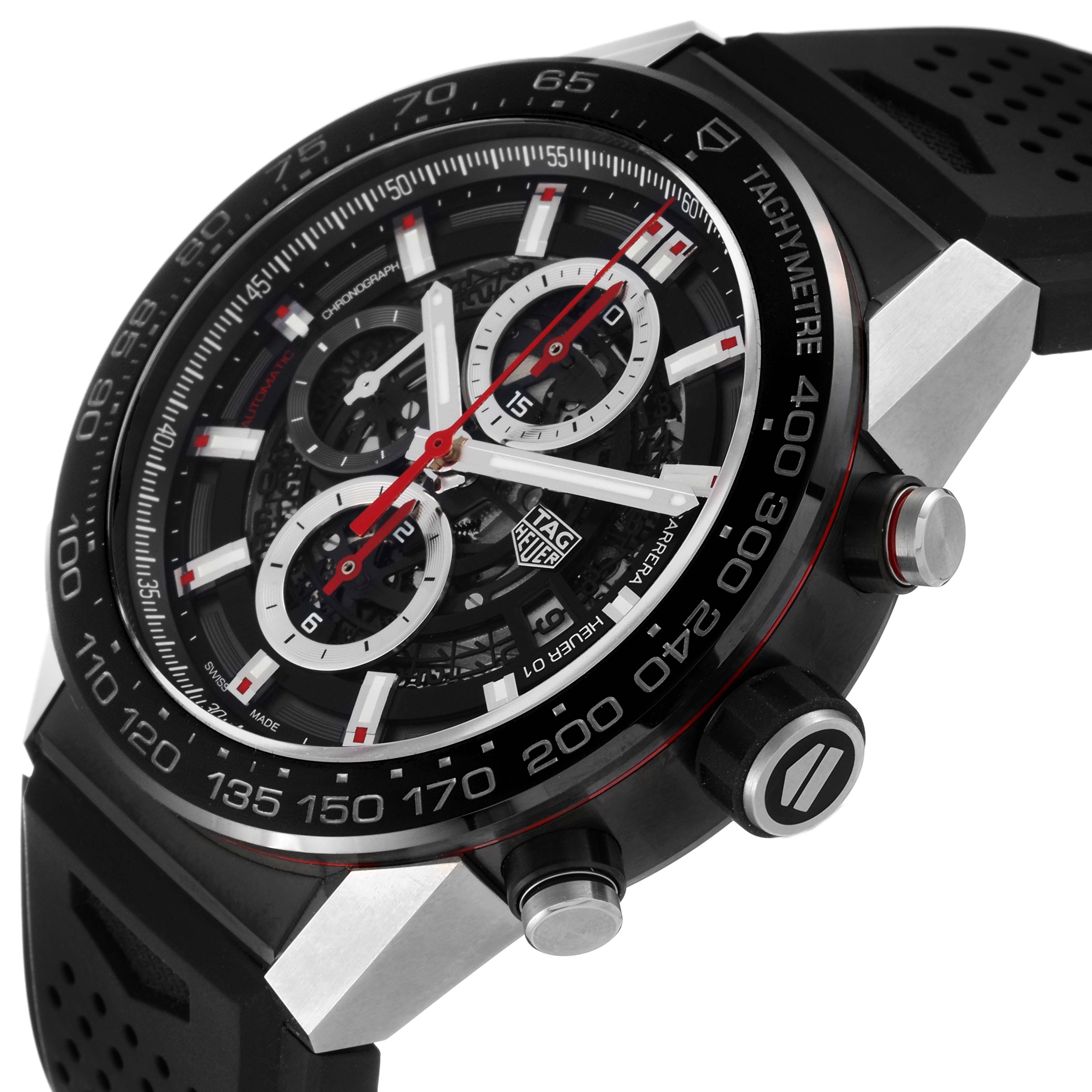 The image shows a close-up, angled view of the face and side buttons of the Tag Heuer Carrera CAR2A1Z Men's Stainless Steel Black Dial CAR2A1Z Men's Stainless Steel Black Dial watch.