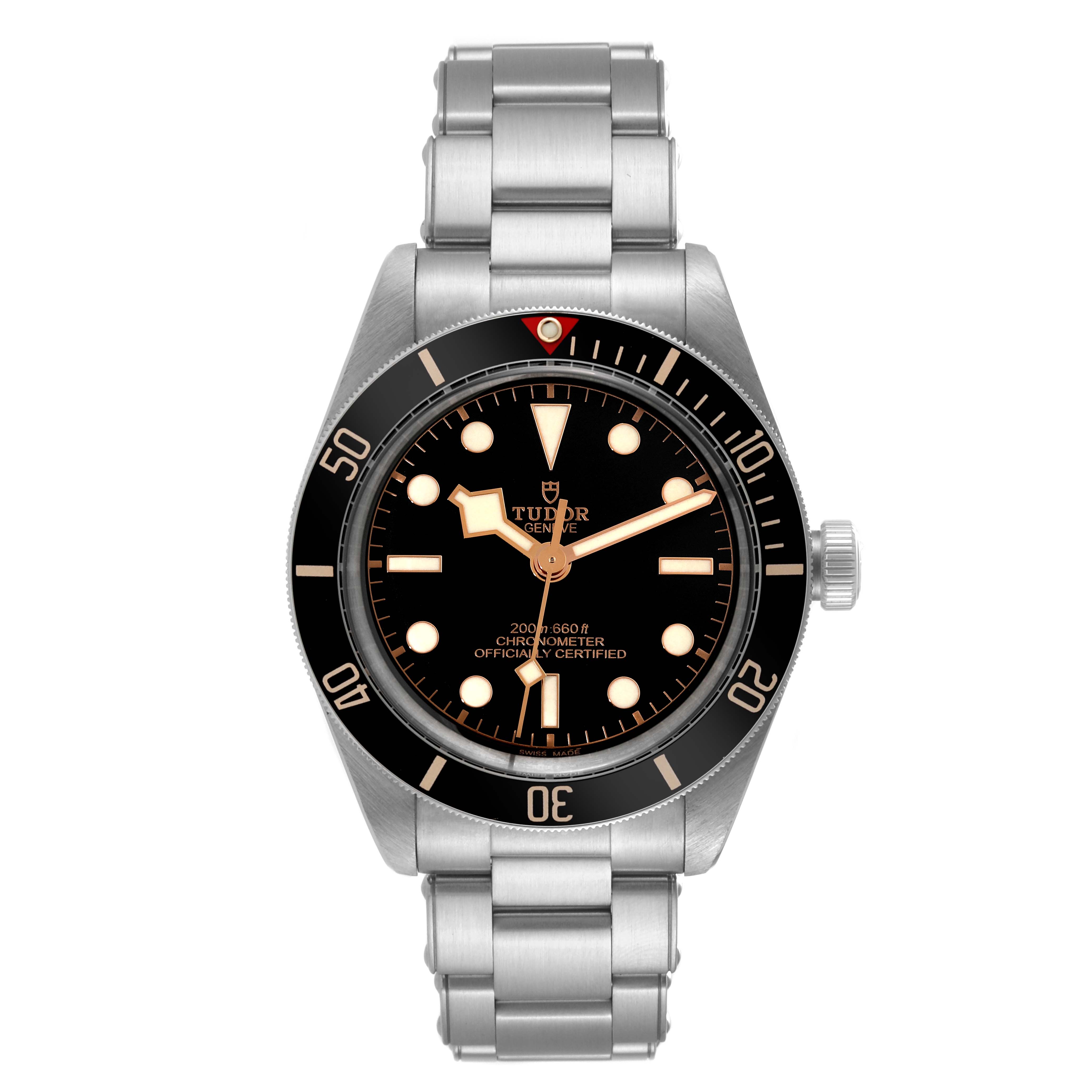 The image shows a front view of the Tudor Heritage Black Bay M79030N-0001 Men
s Stainless Steel Black Dial M79030N-0001 Men
s Stainless Steel Black Dial watch, displaying the face, bezel, and stainless steel bracelet.