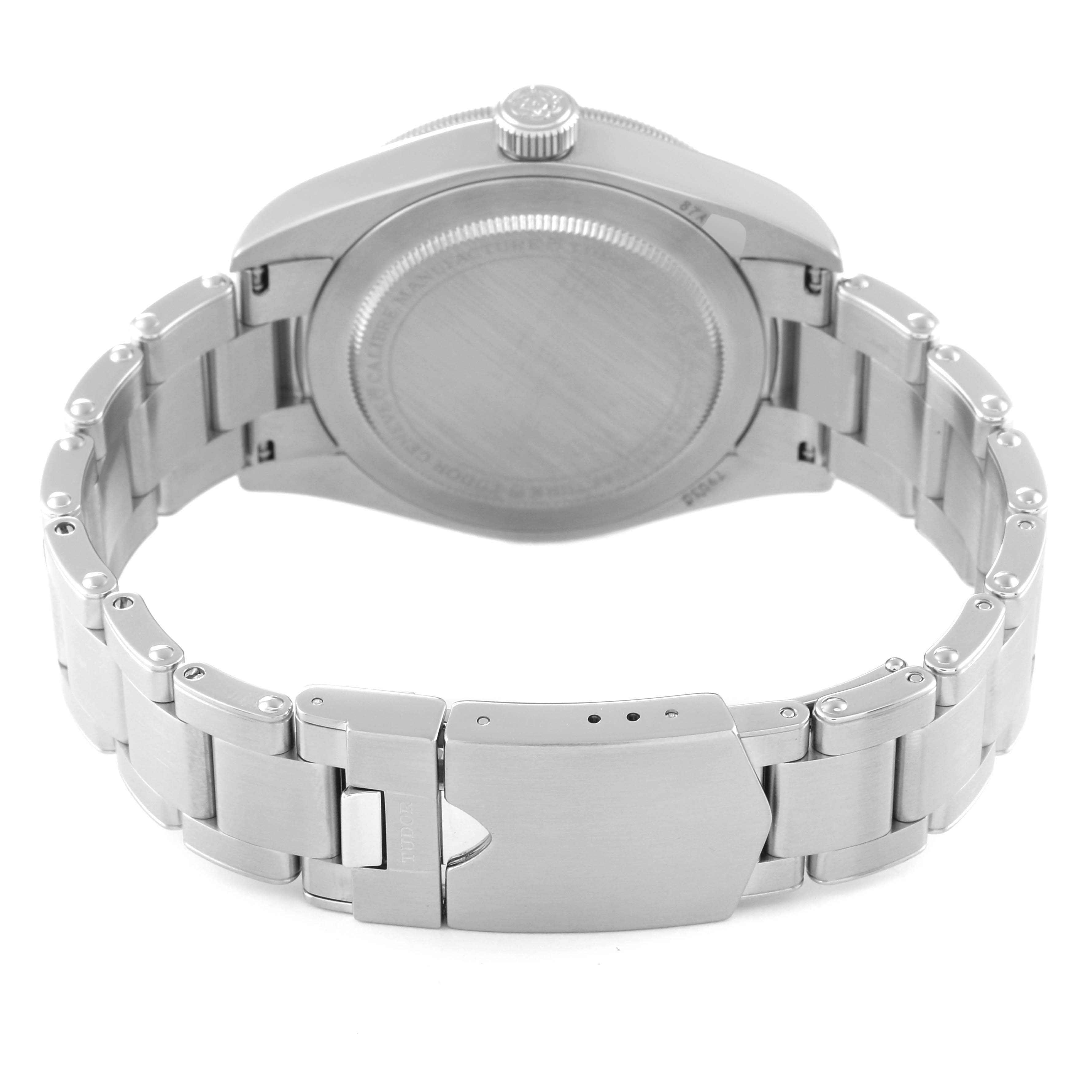 This image shows the case back and bracelet clasp of a Tudor Heritage Black Bay M79030N-0001 Men
s Stainless Steel Black Dial M79030N-0001 Men
s Stainless Steel Black Dial watch from a rear angle.