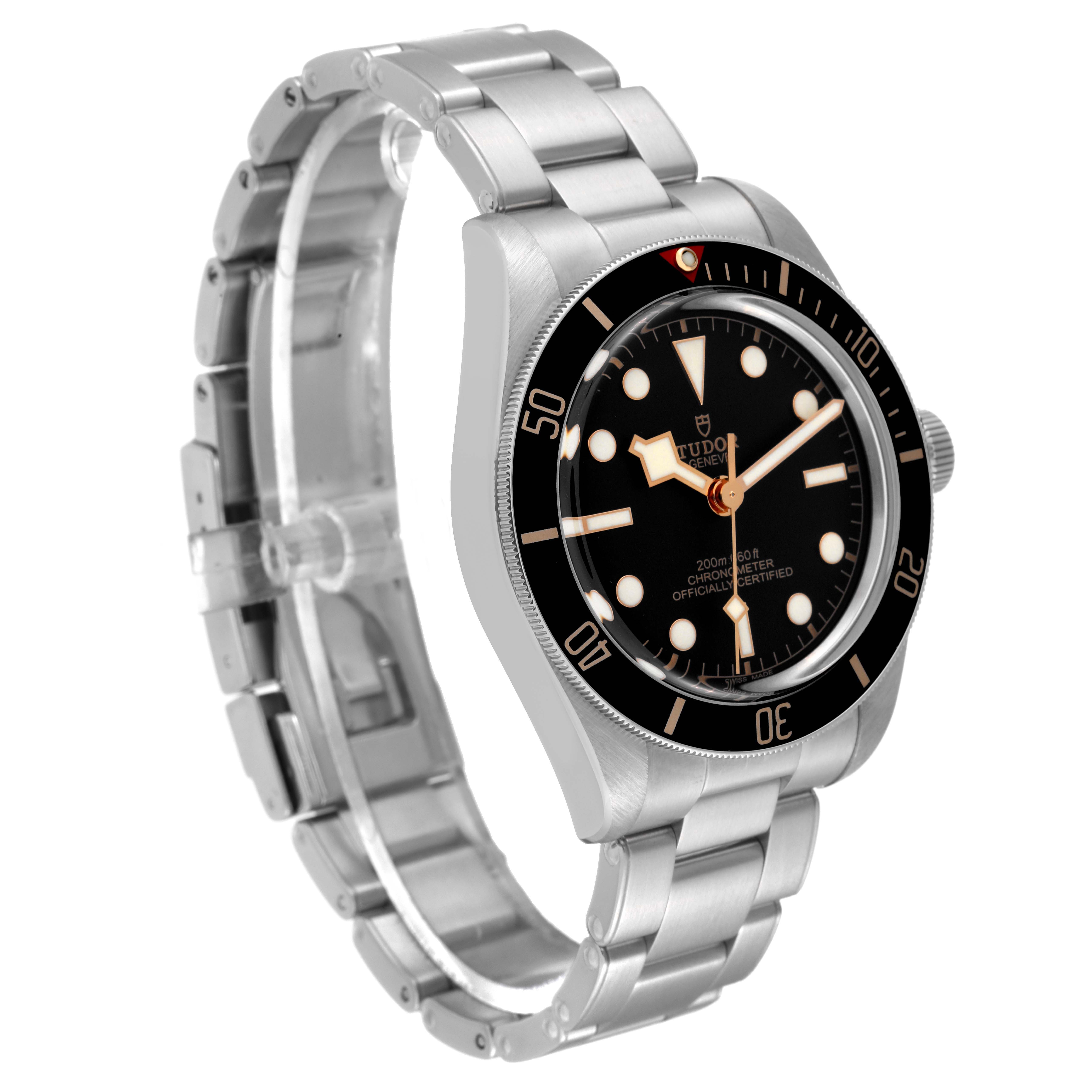 This is a side angle view of the Tudor Heritage Black Bay M79030N-0001 Men
s Stainless Steel Black Dial M79030N-0001 Men
s Stainless Steel Black Dial watch, showcasing the bracelet, dial, and bezel.