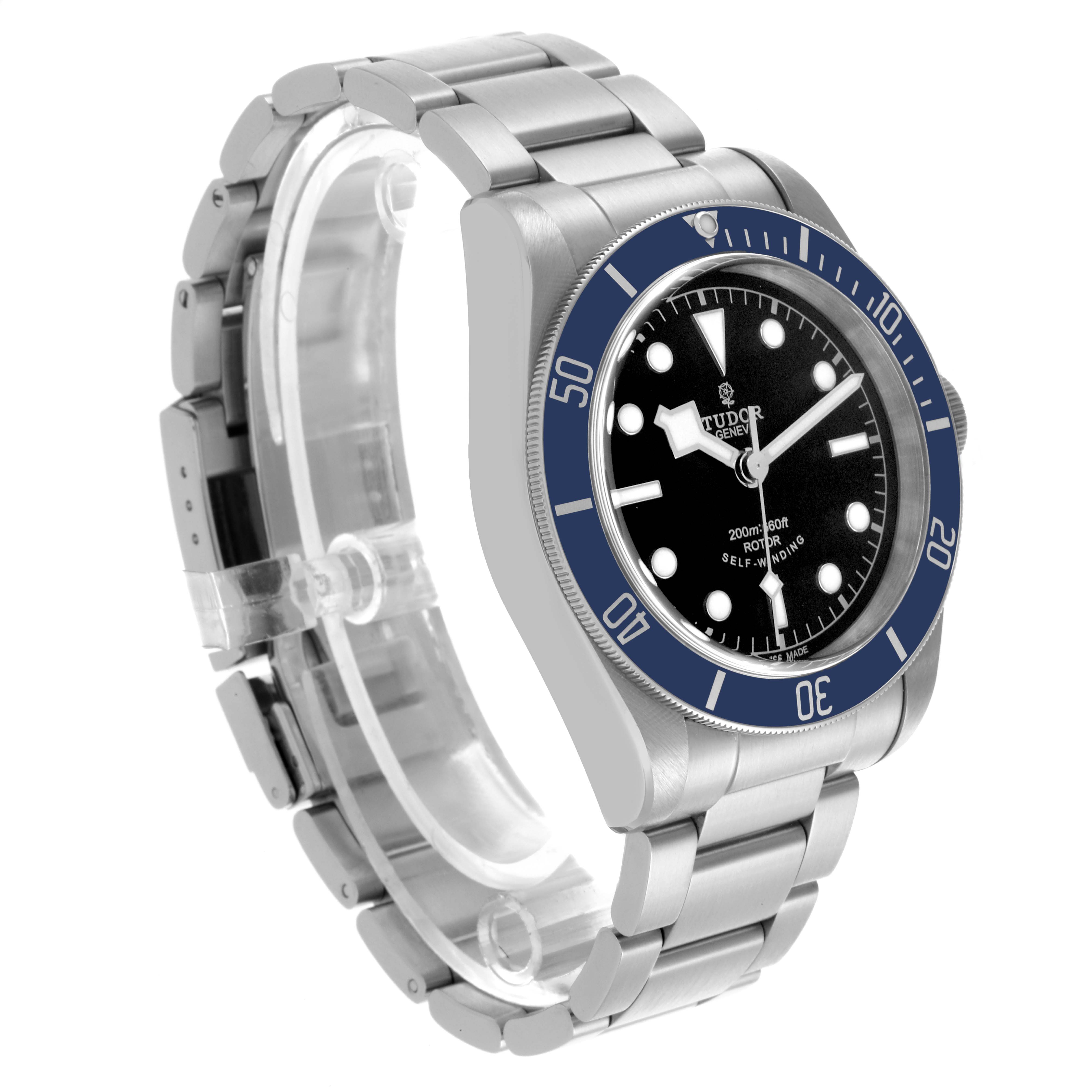 The Tudor Heritage Black Bay 79220B Men
s Stainless Steel Black Dial 79220B Men
s Stainless Steel Black Dial watch is shown at a three-quarter angle, highlighting the face, bezel, and bracelet.