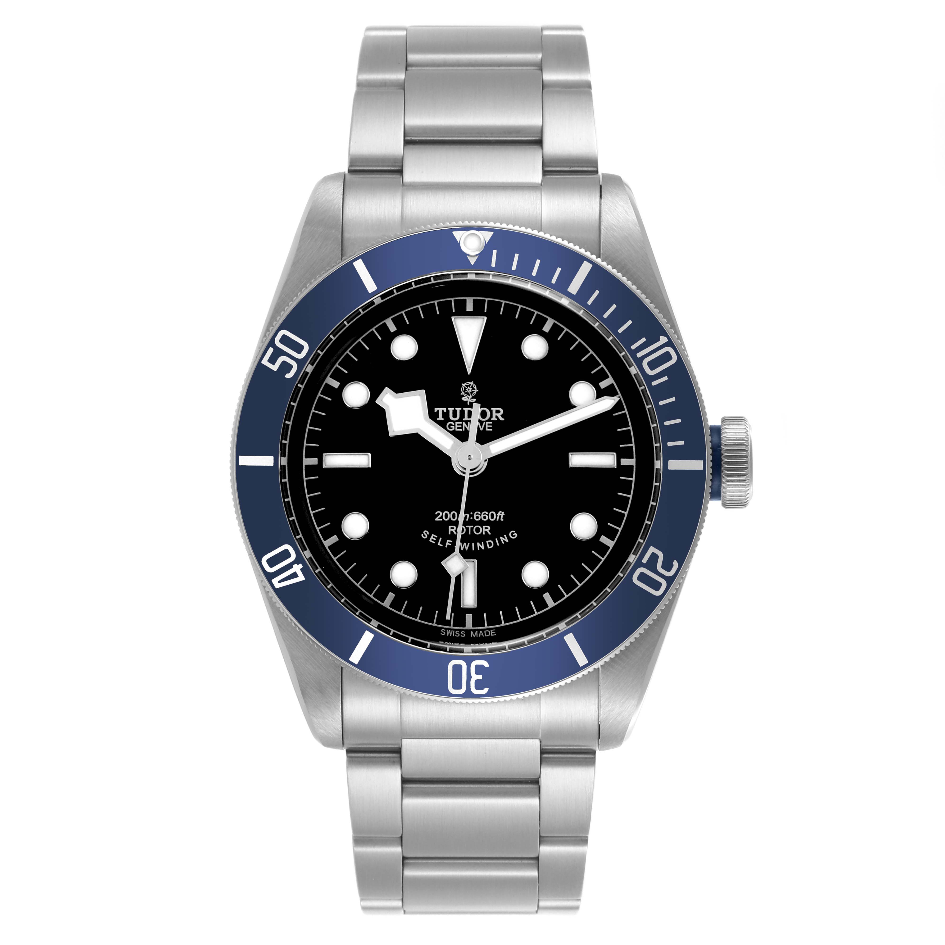 The Tudor Heritage Black Bay 79220B Men
s Stainless Steel Black Dial 79220B Men
s Stainless Steel Black Dial watch is shown from the front, featuring its face, bezel, and bracelet.