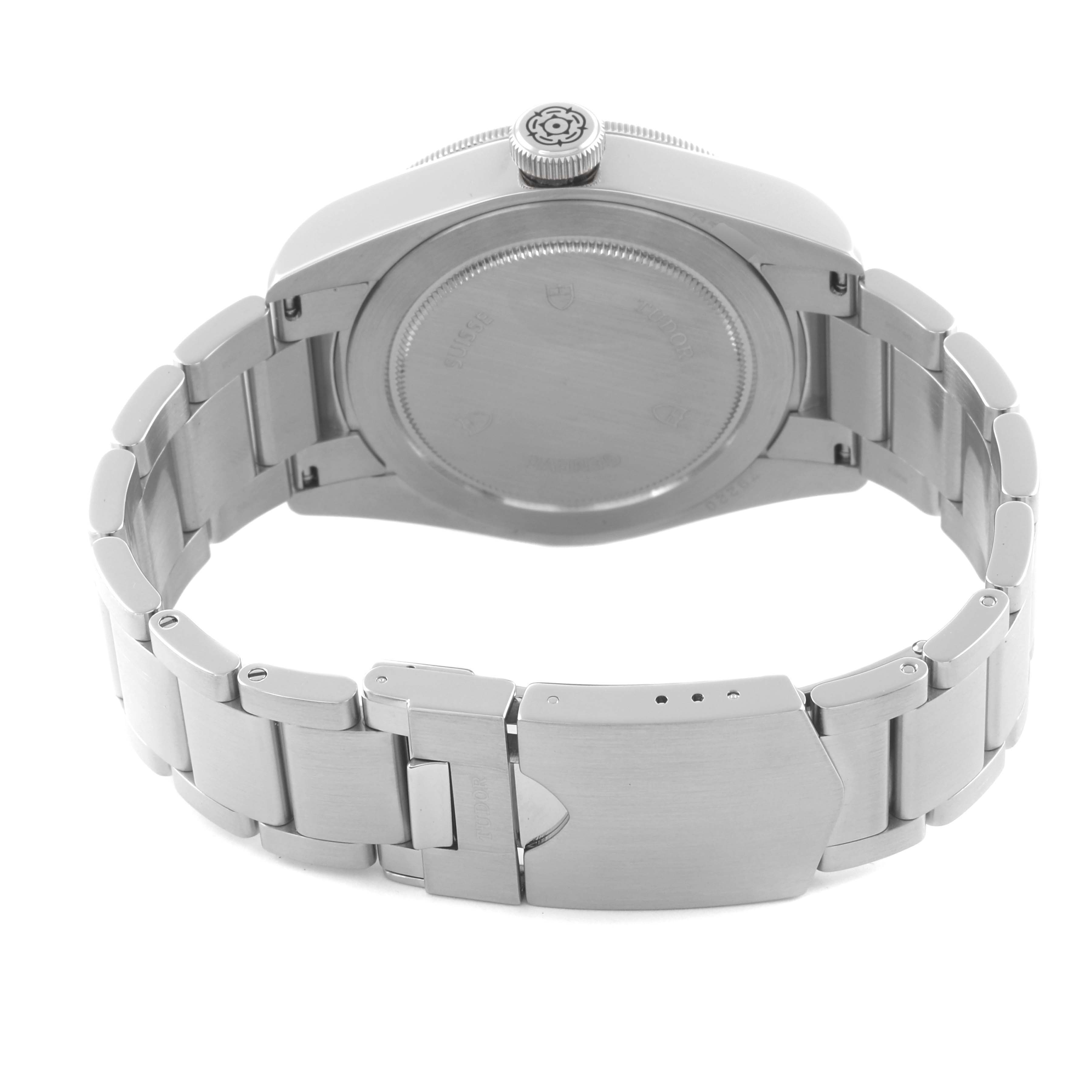 This image shows the back view of the Tudor Heritage Black Bay 79220B Men
s Stainless Steel Black Dial 79220B Men
s Stainless Steel Black Dial watch, highlighting the case back, bracelet, and clasp.