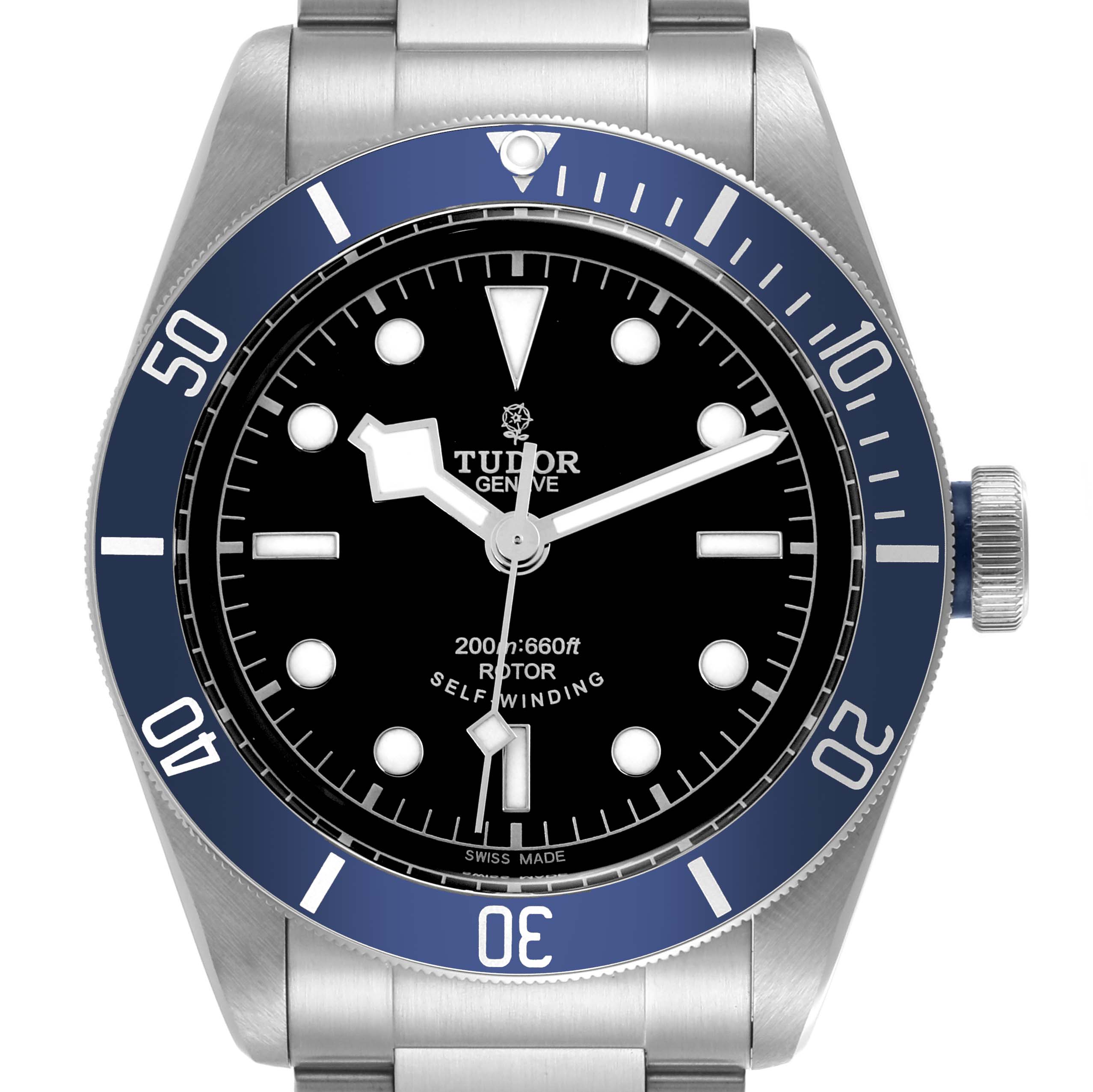 The Tudor Heritage Black Bay 79220B Men
s Stainless Steel Black Dial 79220B Men
s Stainless Steel Black Dial watch is shown from a frontal angle, displaying the dial, bezel, and crown.