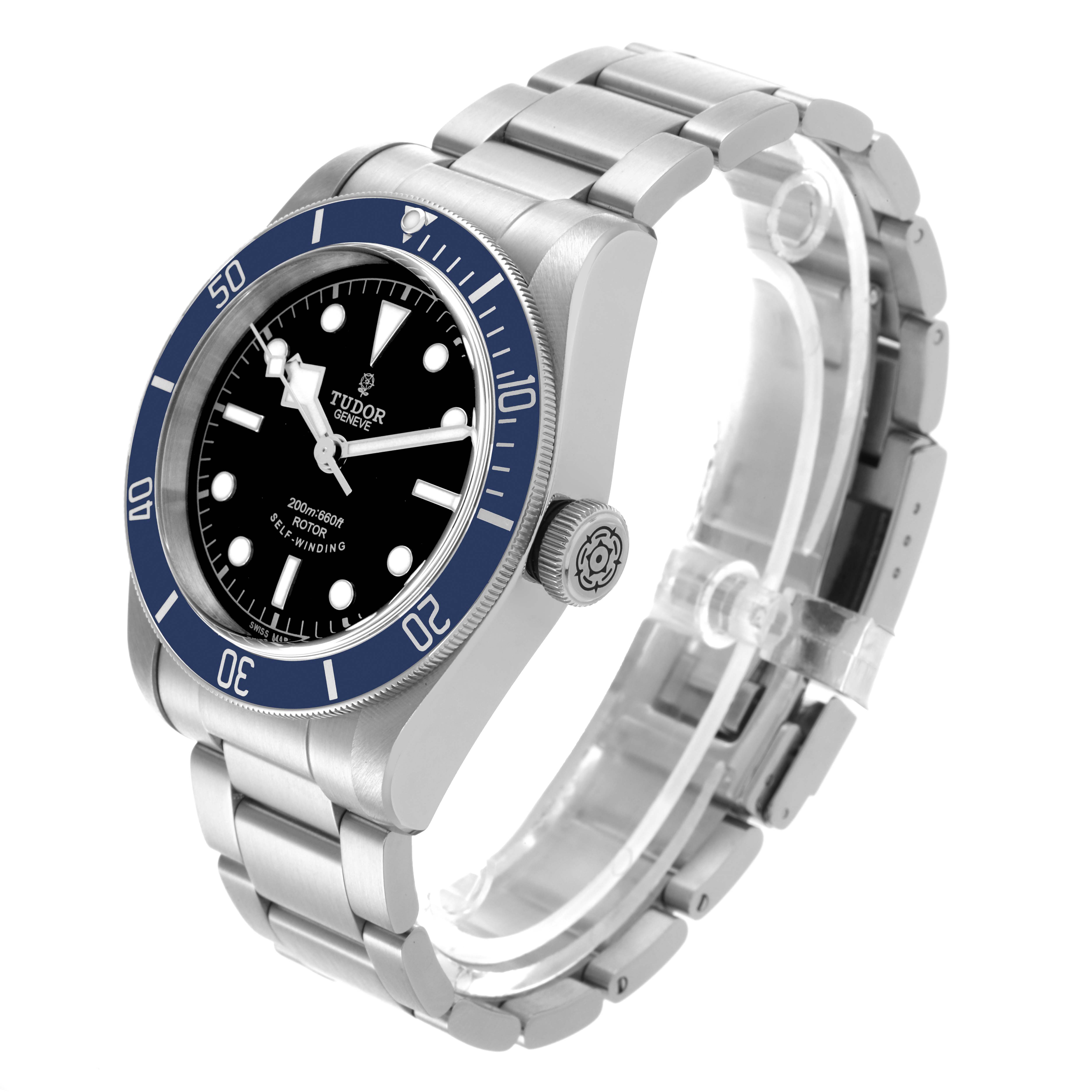 The Tudor Heritage Black Bay 79220B Men
s Stainless Steel Black Dial 79220B Men
s Stainless Steel Black Dial watch is shown at a three-quarter angle displaying the dial, bezel, bracelet, and crown.