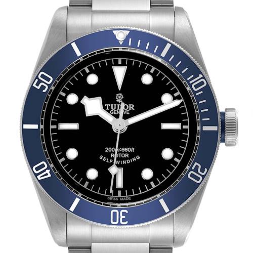 The image shows a front view of the Tudor Heritage Black Bay watch, highlighting the dial, bezel, and part of the bracelet.