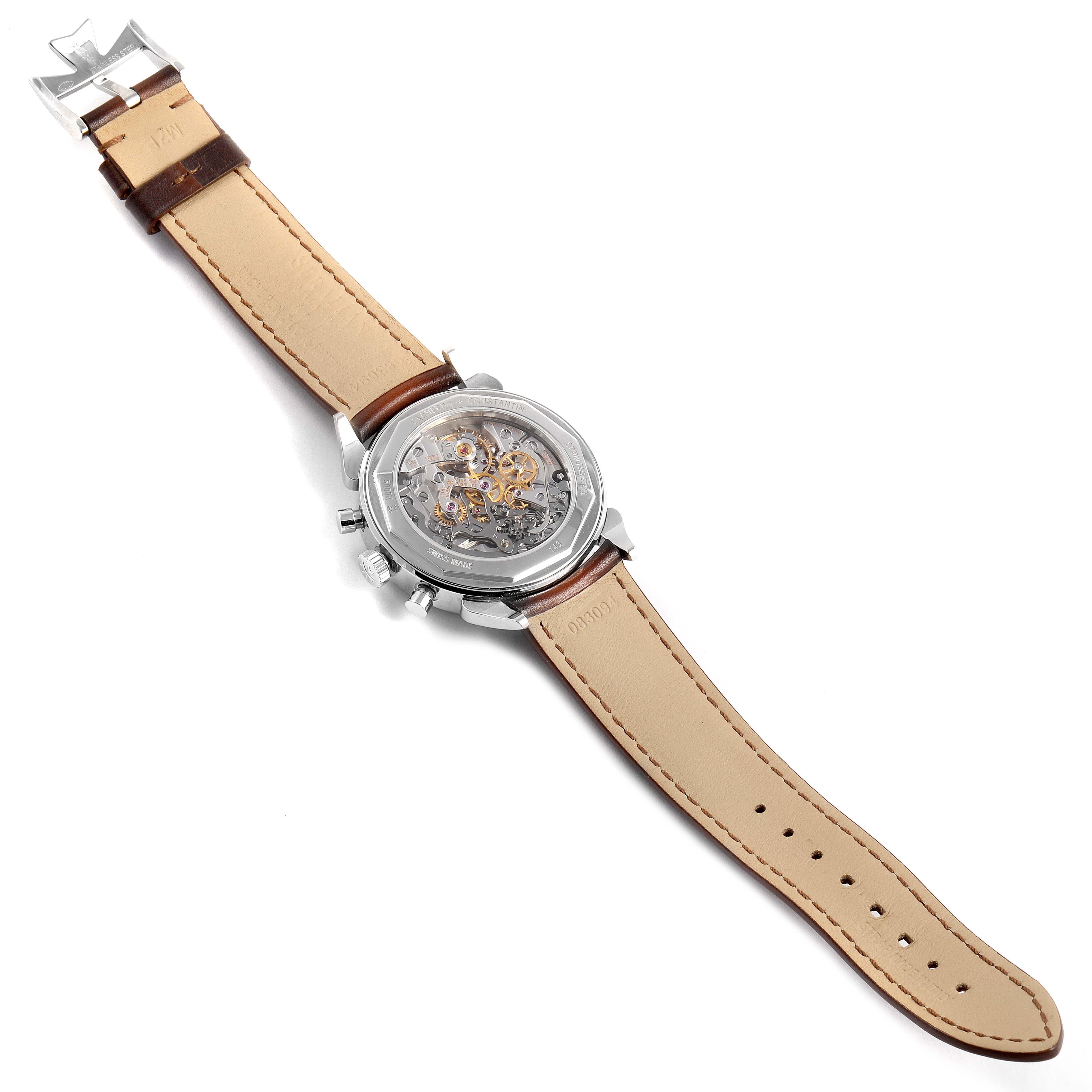 The image shows the back view of a Vintage Vacheron Constantin watch, highlighting its transparent case back and leather strap.