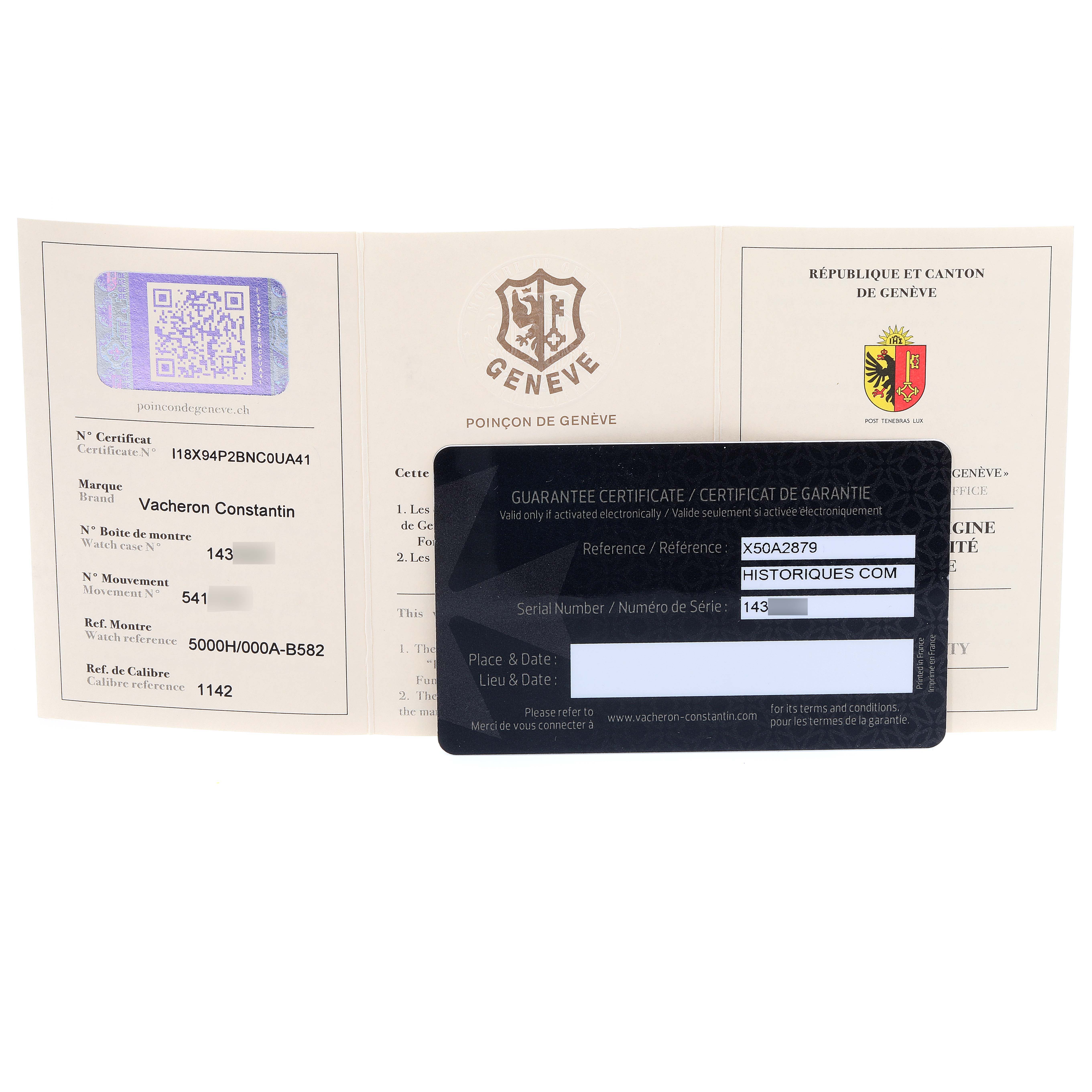 The image shows the guarantee certificate and warranty card for a Vacheron Constantin Vintage model watch.