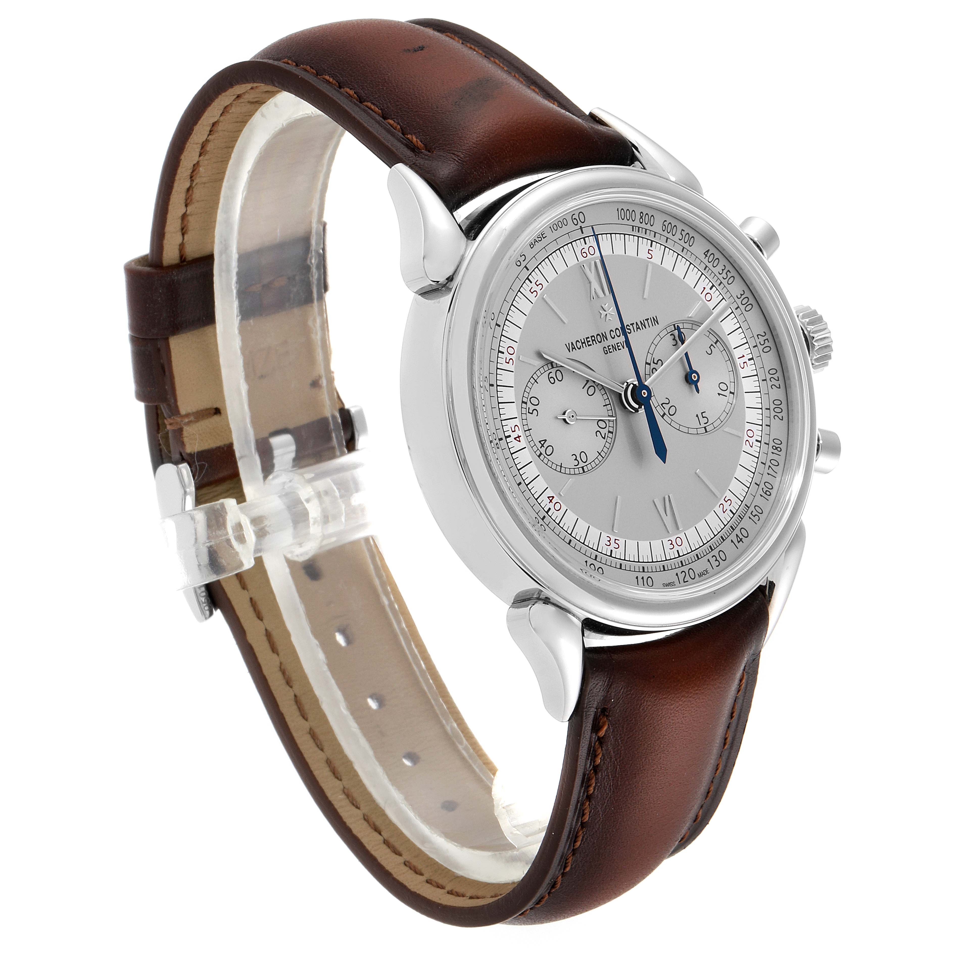 The image shows a side angle of the Vintage Vacheron Constantin watch, highlighting its dial, crown, leather strap, and pushers.