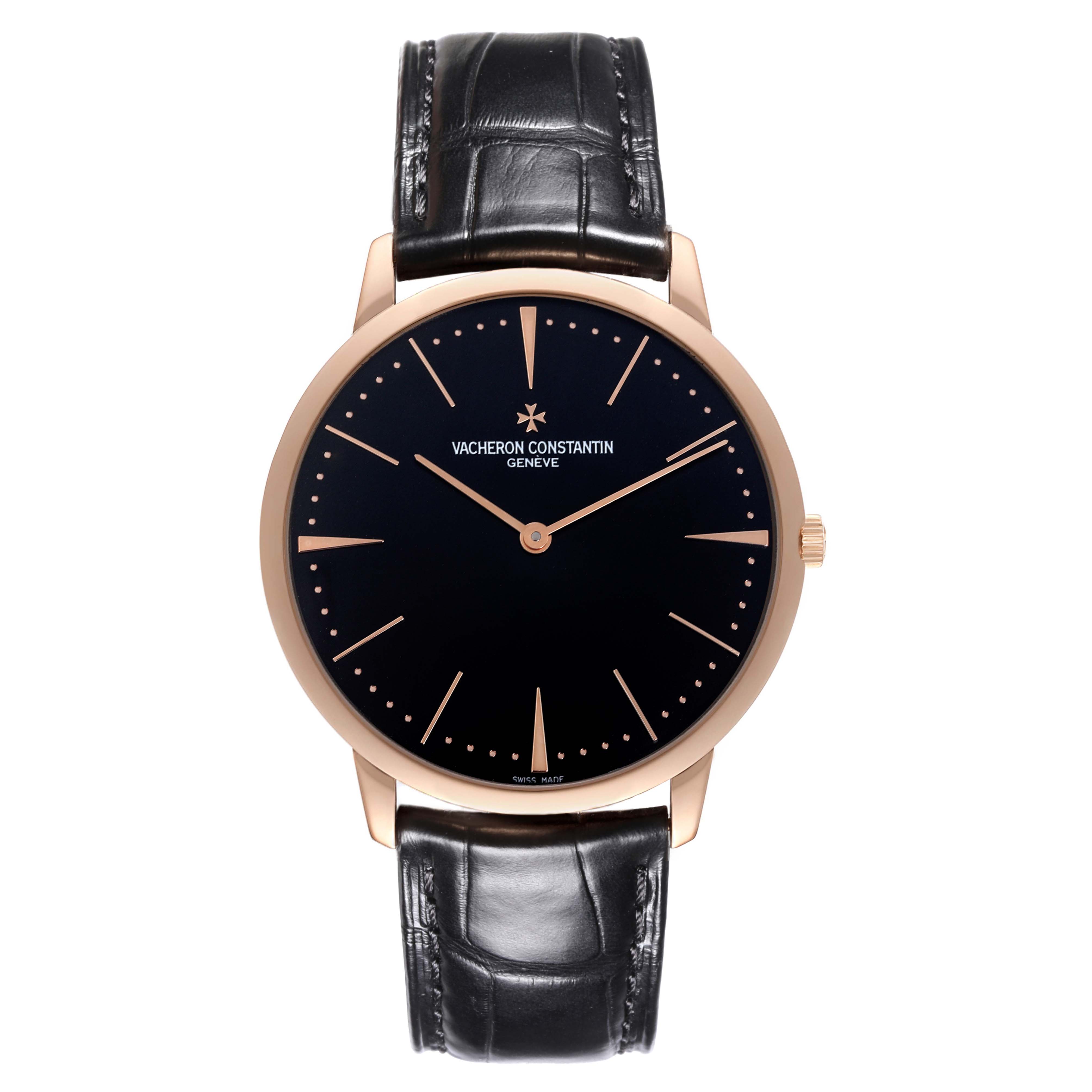 The Vacheron Constantin Patrimony 81180 Men's Rose Gold Black Dial 81180 Men's Rose Gold Black Dial watch is shown from the front, highlighting its face, case, and leather strap.