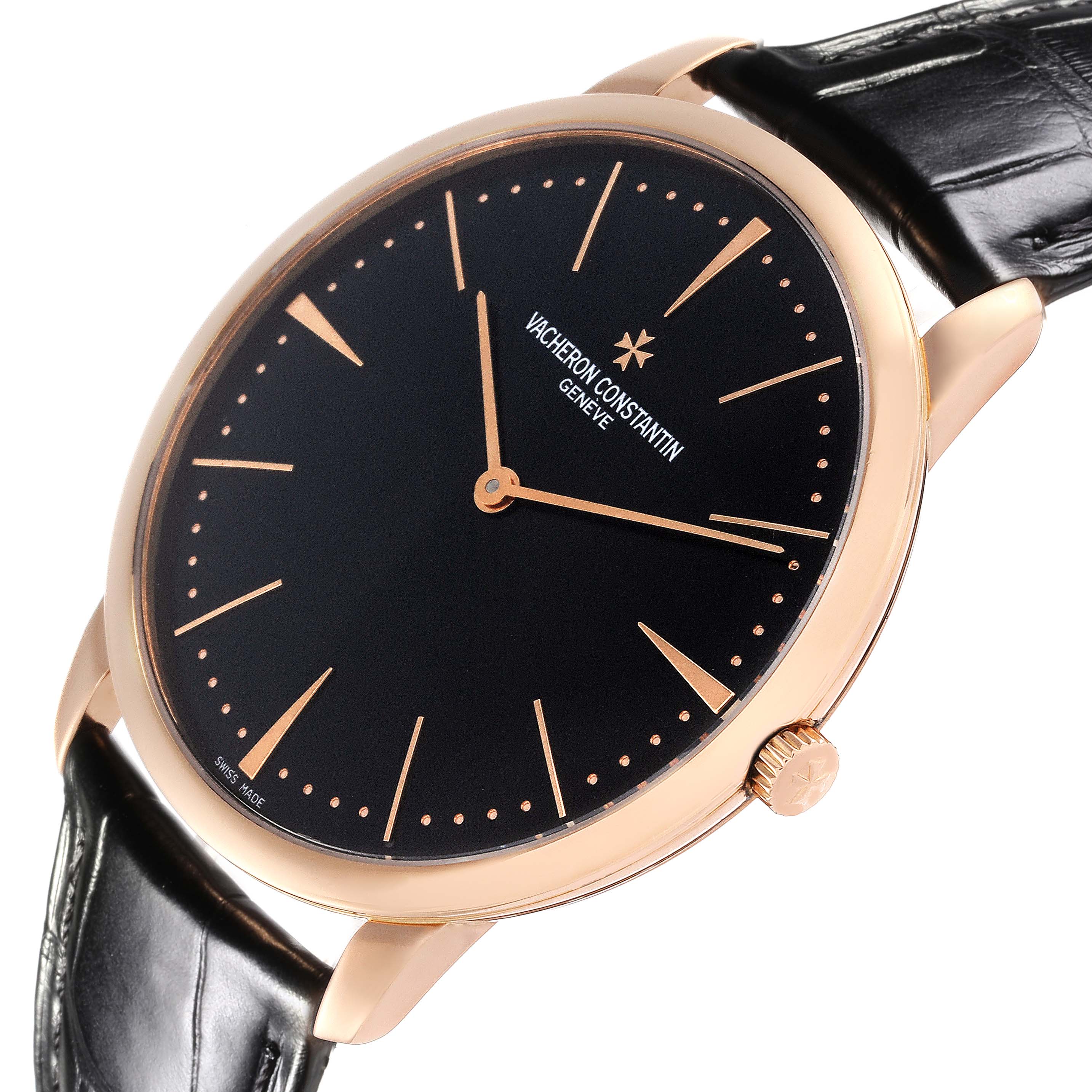 The Vacheron Constantin Patrimony 81180 Men's Rose Gold Black Dial 81180 Men's Rose Gold Black Dial watch is shown at a slight angle highlighting the dial, crown, and leather strap.
