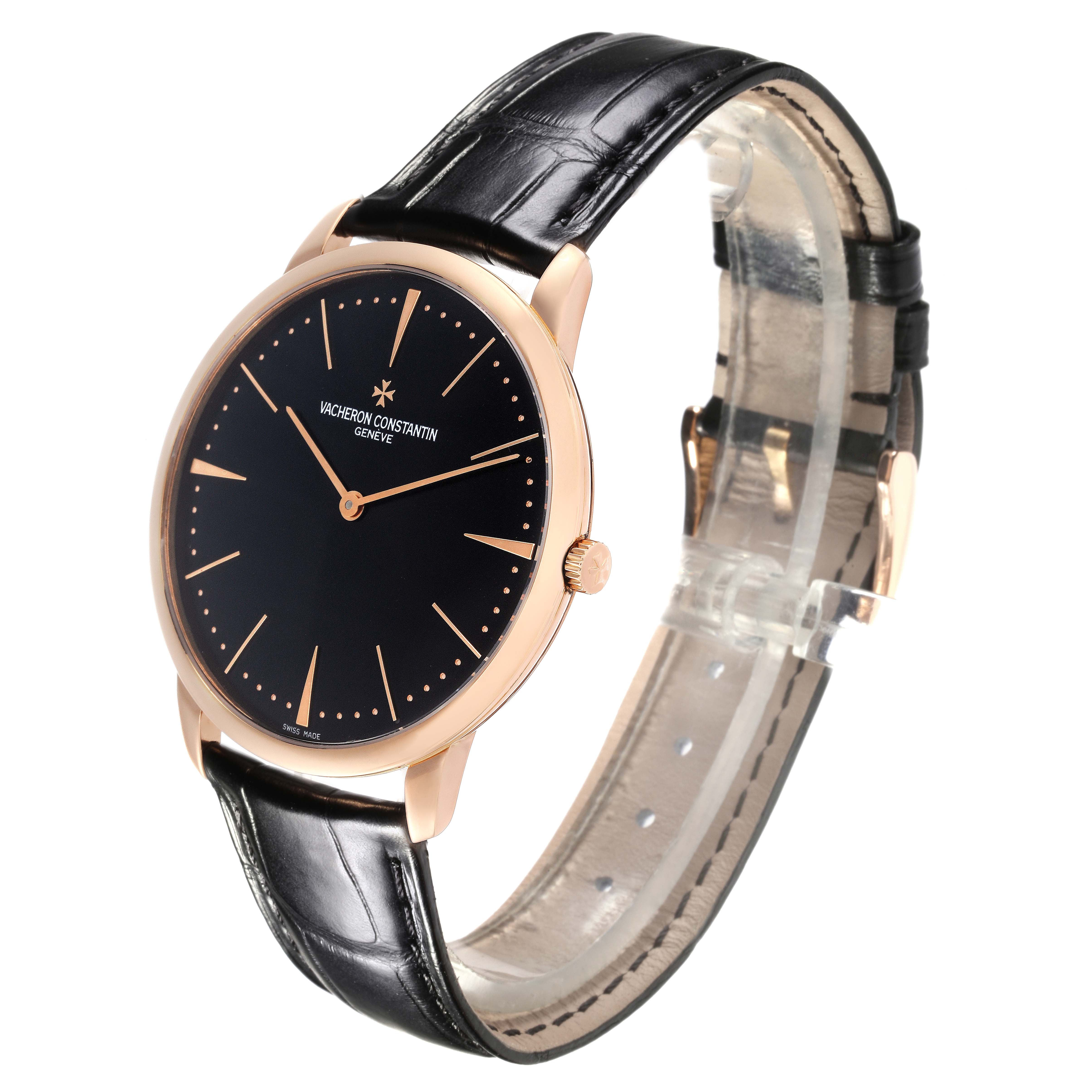 The Vacheron Constantin Patrimony 81180 Men's Rose Gold Black Dial 81180 Men's Rose Gold Black Dial watch is shown at a side angle, displaying the face, strap, and crown.