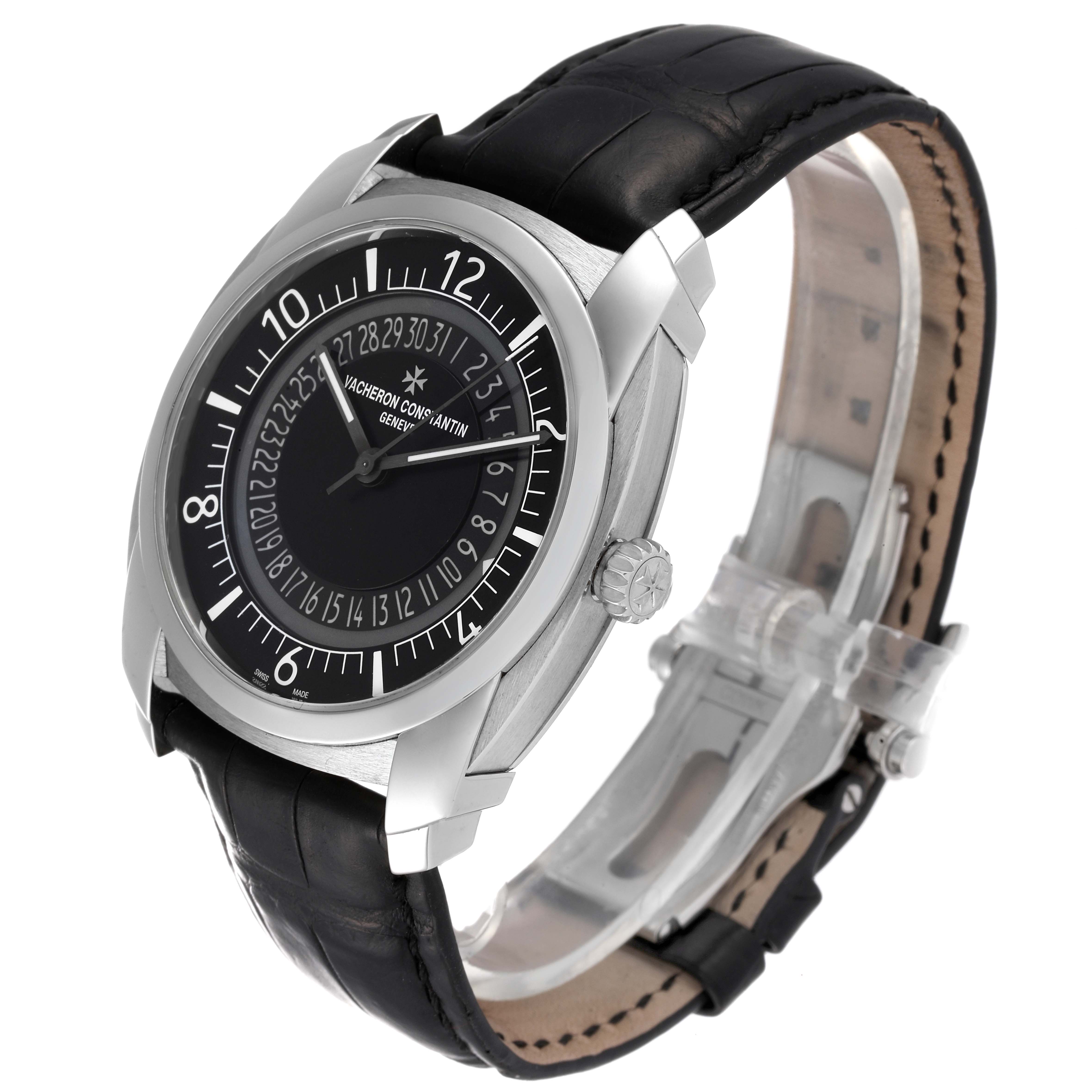 The Vacheron Constantin Quai de l'Ile watch is shown at a slight angle, highlighting the dial, crown, case, and leather strap.