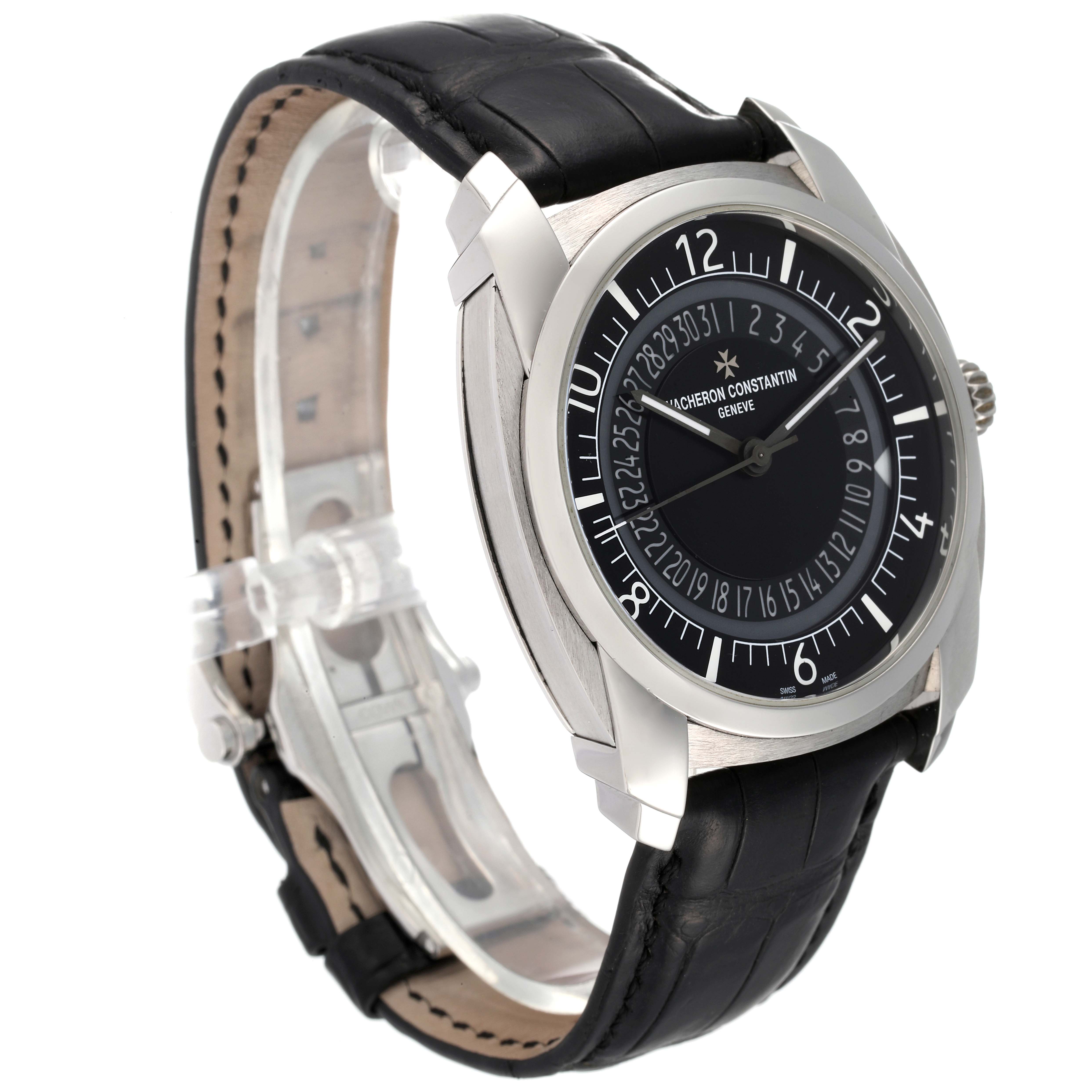 The Vacheron Constantin Quai de L'Ile watch is shown at an angled side view, featuring its black dial and leather strap.