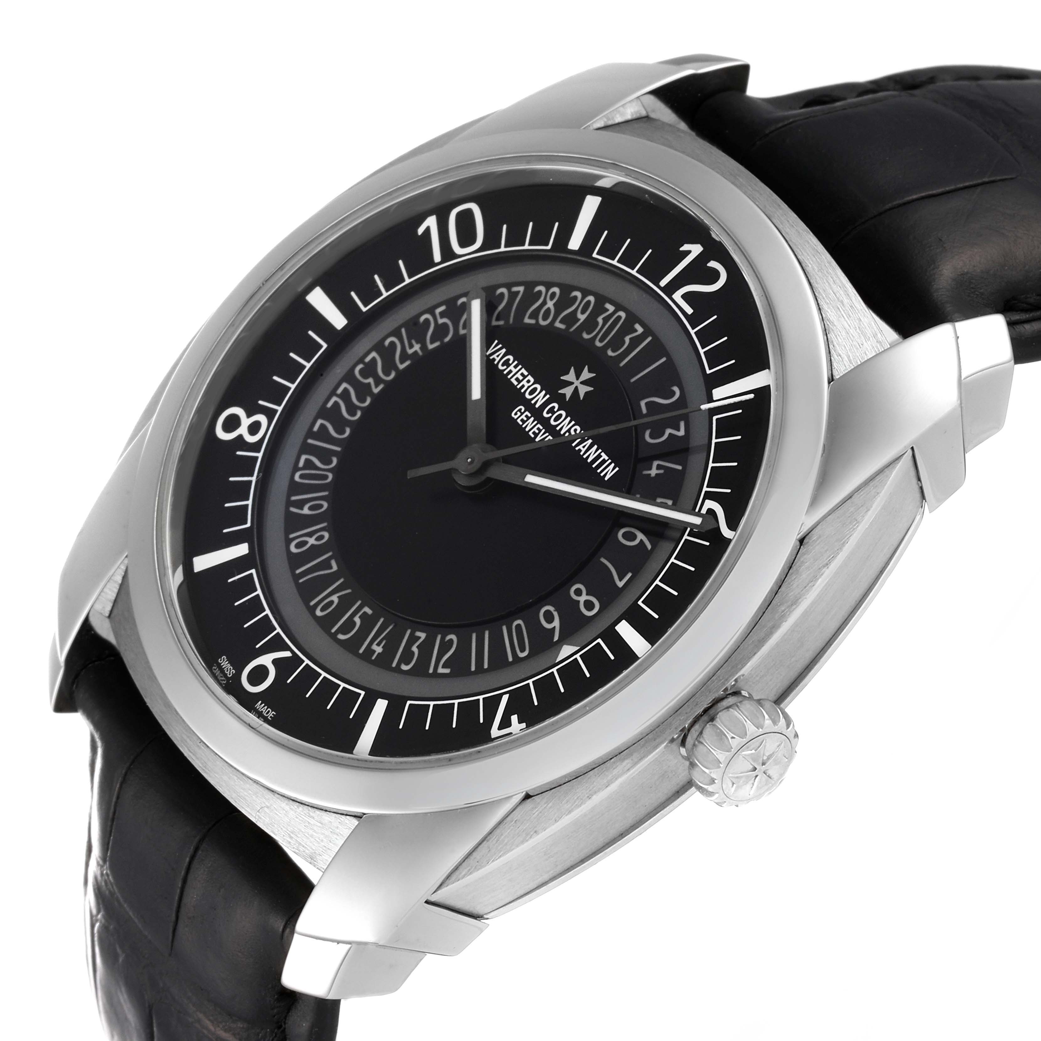The image shows a Vacheron Constantin Quai de l'Ile watch at an angle highlighting its face, bezel, crown, and black leather strap.
