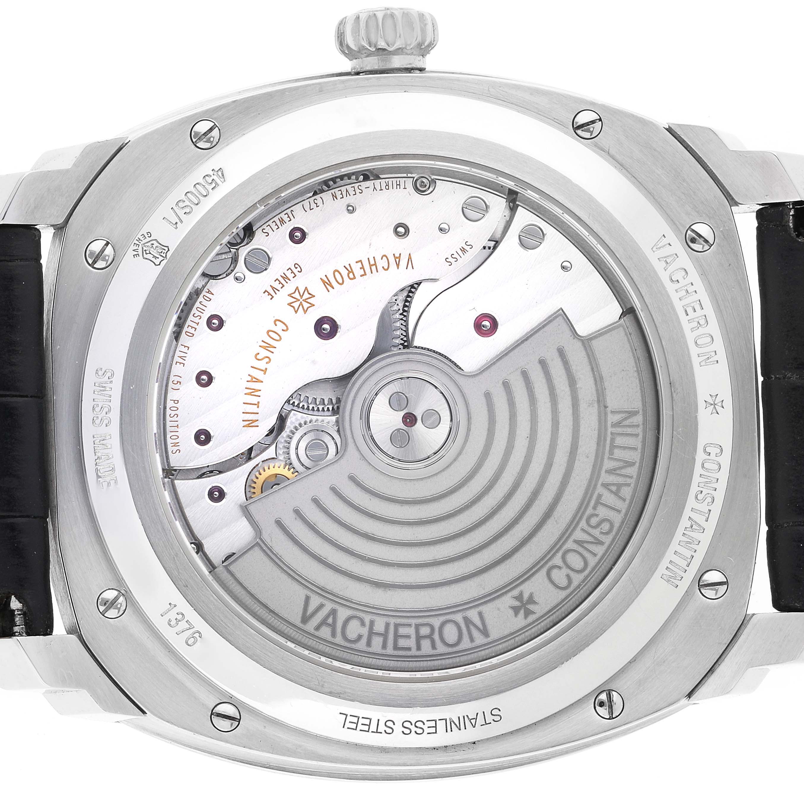 The image shows the back view of the Vacheron Constantin Quai de l'Ile watch, highlighting its movement and rotor.