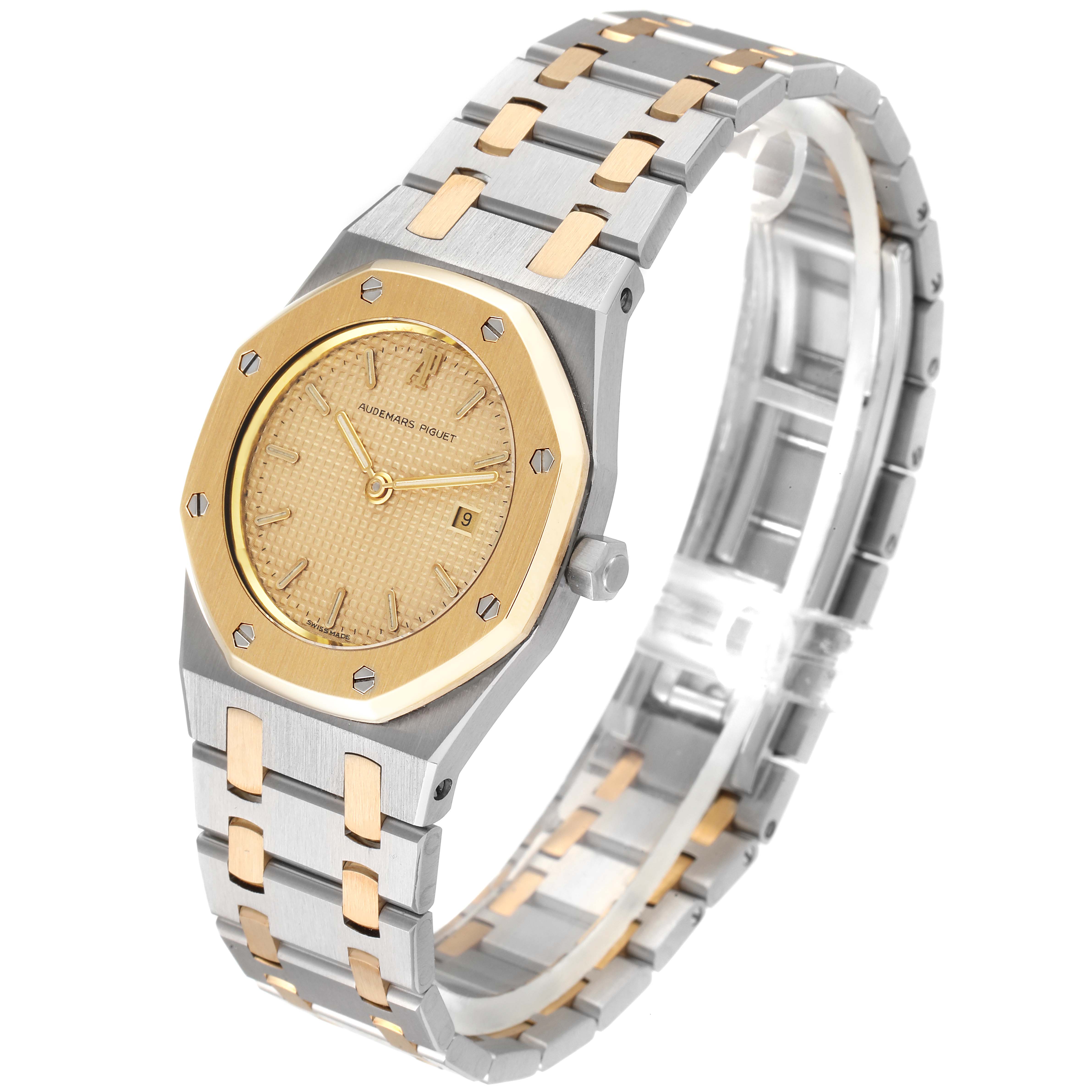 The image shows a side view of the Audemars Piguet Royal Oak 6271SA/902 Women's Steel and Gold (two tone) Champagne Dial 6271SA/902 Women's Steel and Gold (two tone) Champagne Dial watch, highlighting the dial, bezel, and bracelet.