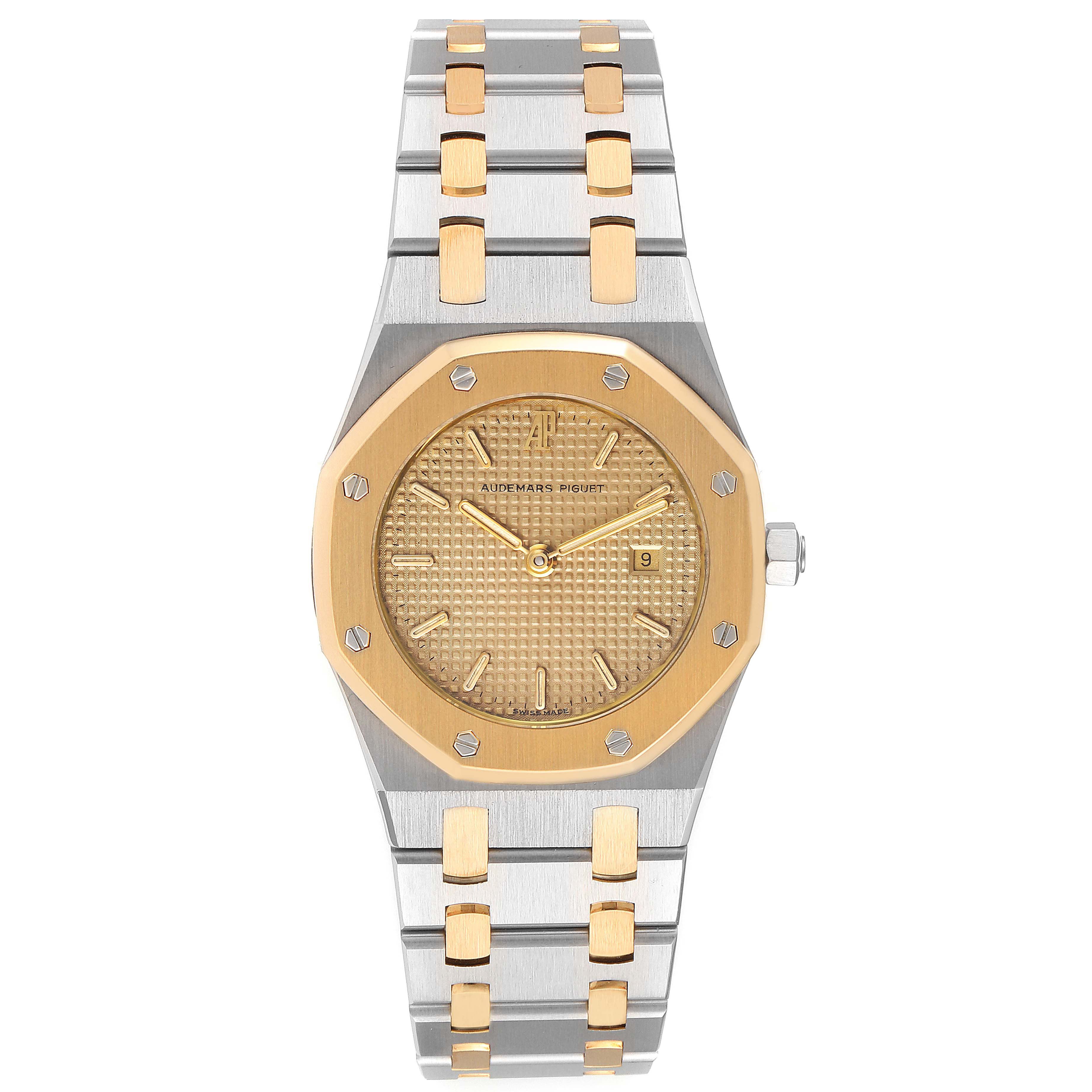 This image shows a front view of an Audemars Piguet Royal Oak 6271SA/902 Women's Steel and Gold (two tone) Champagne Dial 6271SA/902 Women's Steel and Gold (two tone) Champagne Dial watch, highlighting its dial, bezel, and bracelet.