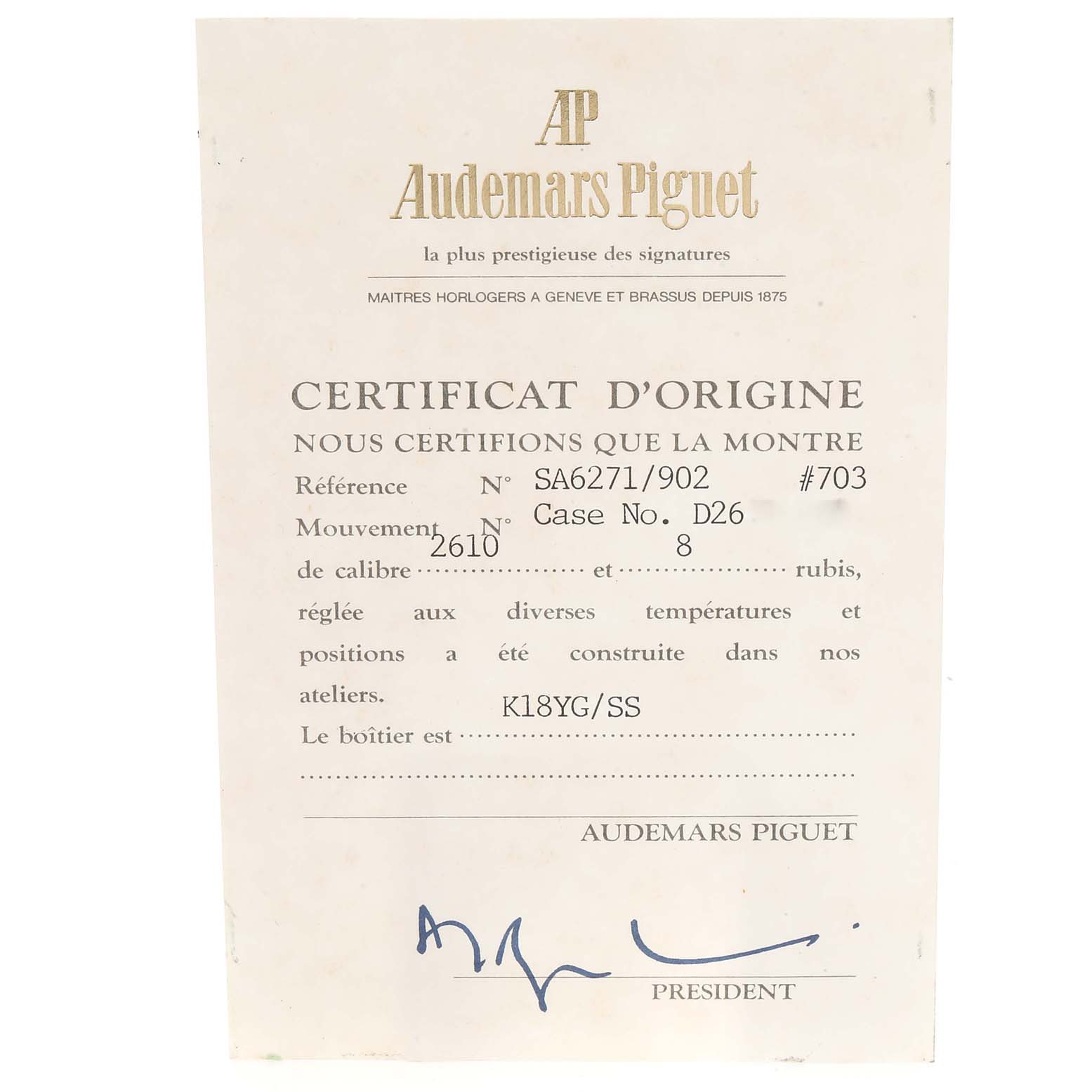 The image shows the original certificate of a Royal Oak watch by Audemars Piguet, displaying model, movement, and case numbers.