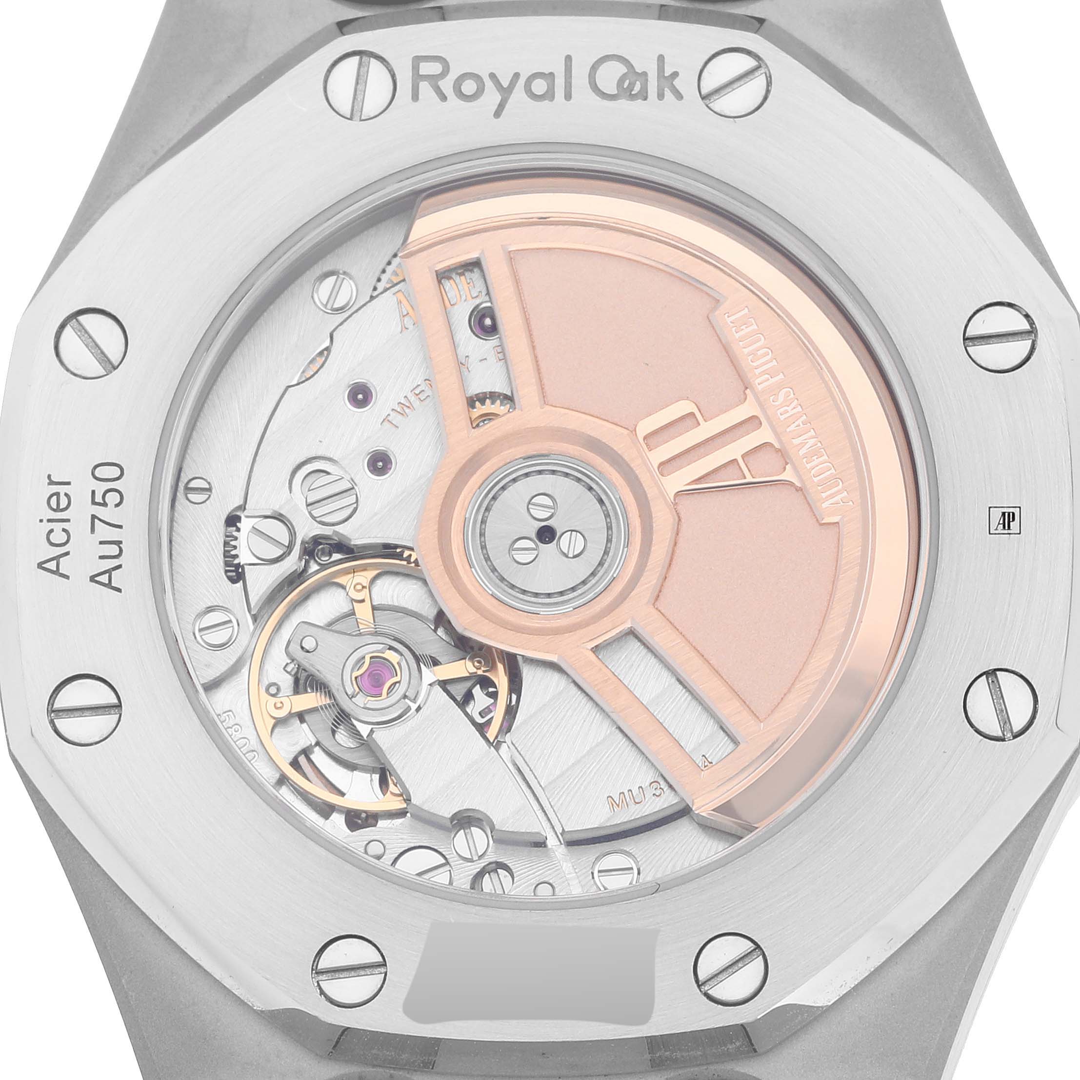 The image shows the case back of an Audemars Piguet Royal Oak 77350SR.OO.1261SR.01 Men's Steel and Gold (two tone) Silver Dial 77350SR.OO.1261SR.01 Men's Steel and Gold (two tone) Silver Dial watch, highlighting the movement and rotor.