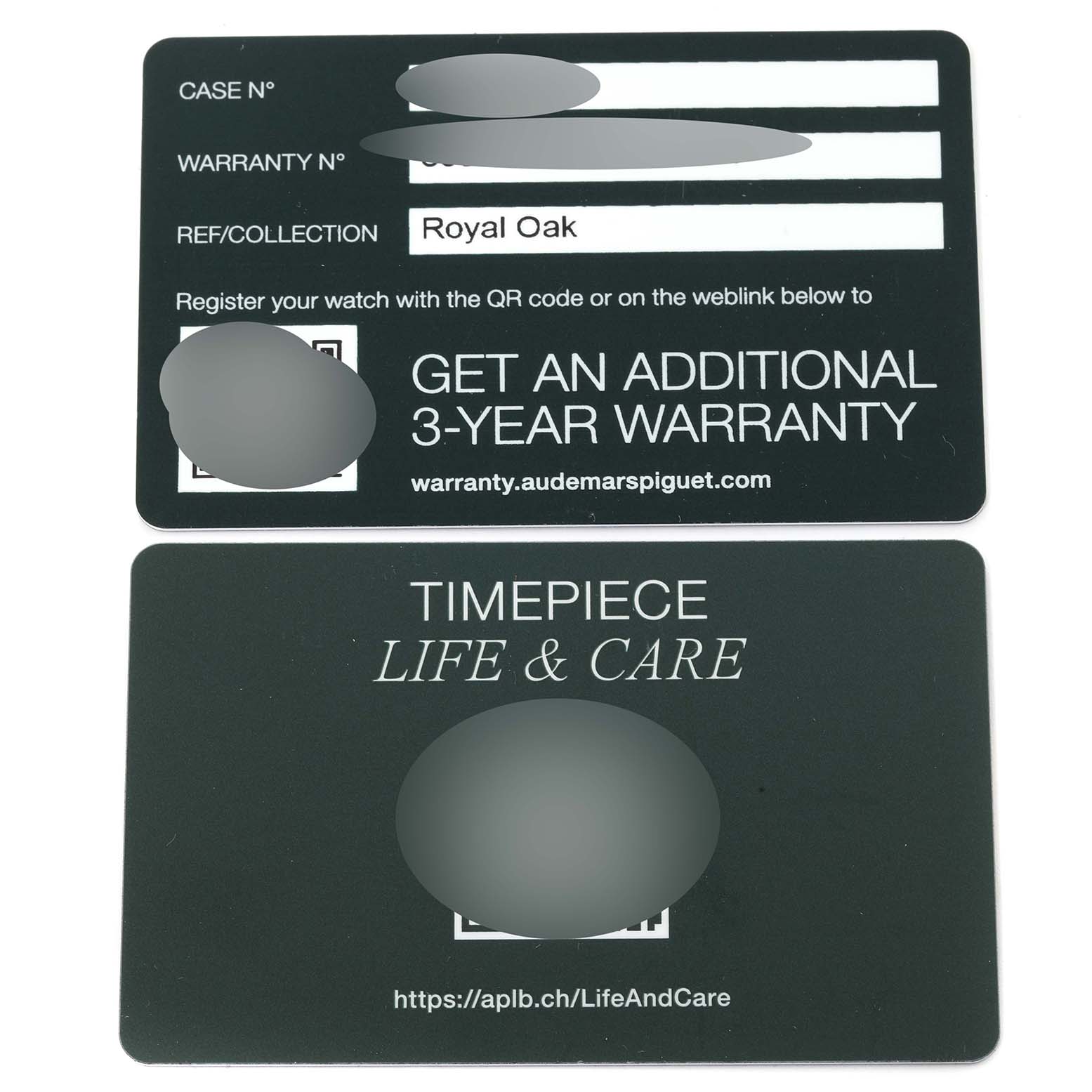 The image shows warranty cards for the Audemars Piguet Royal Oak 77350SR.OO.1261SR.01 Men's Steel and Gold (two tone) Silver Dial 77350SR.OO.1261SR.01 Men's Steel and Gold (two tone) Silver Dial model.