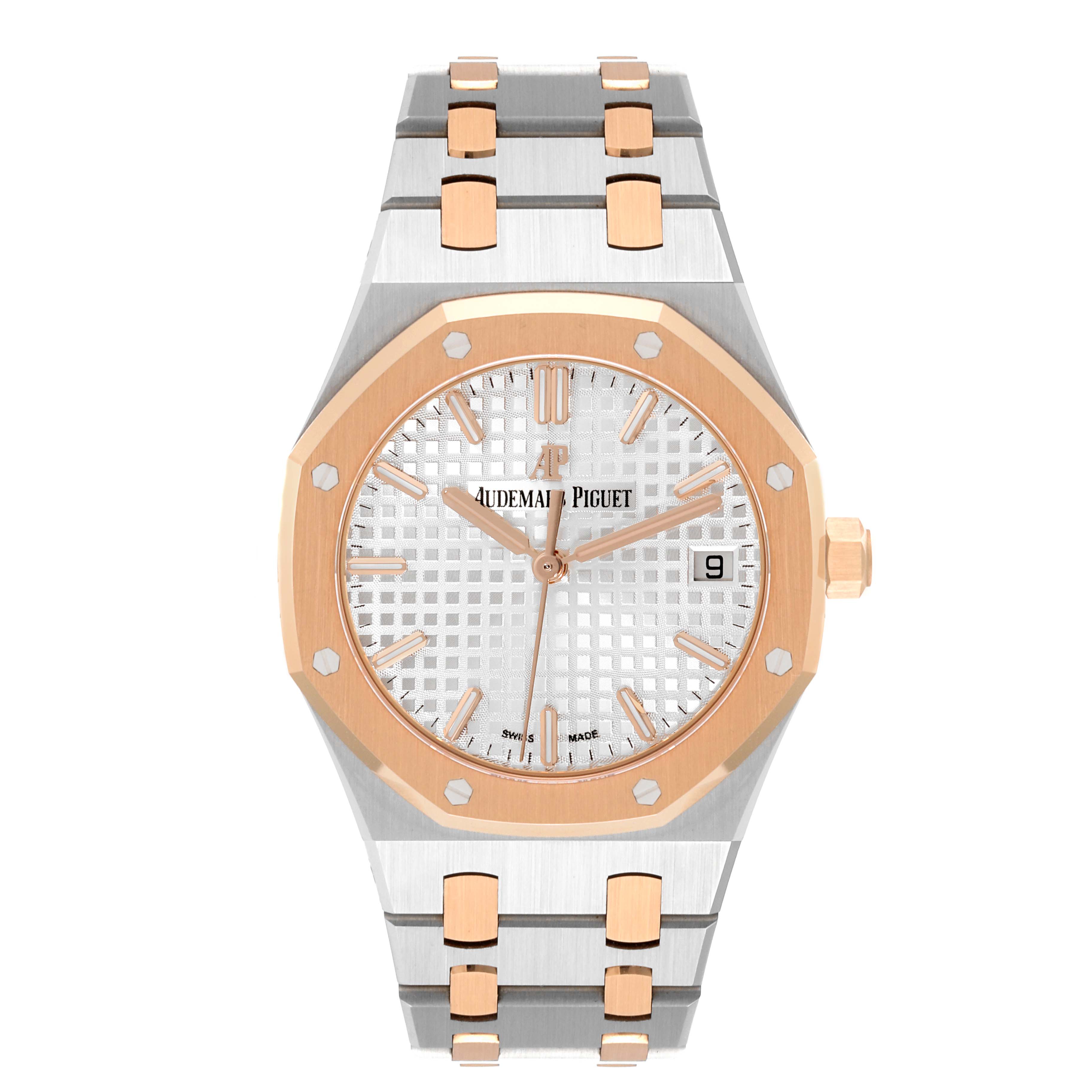 The image shows a frontal view of an Audemars Piguet Royal Oak 77350SR.OO.1261SR.01 Men's Steel and Gold (two tone) Silver Dial 77350SR.OO.1261SR.01 Men's Steel and Gold (two tone) Silver Dial watch featuring a two-tone bracelet and octagonal bezel.