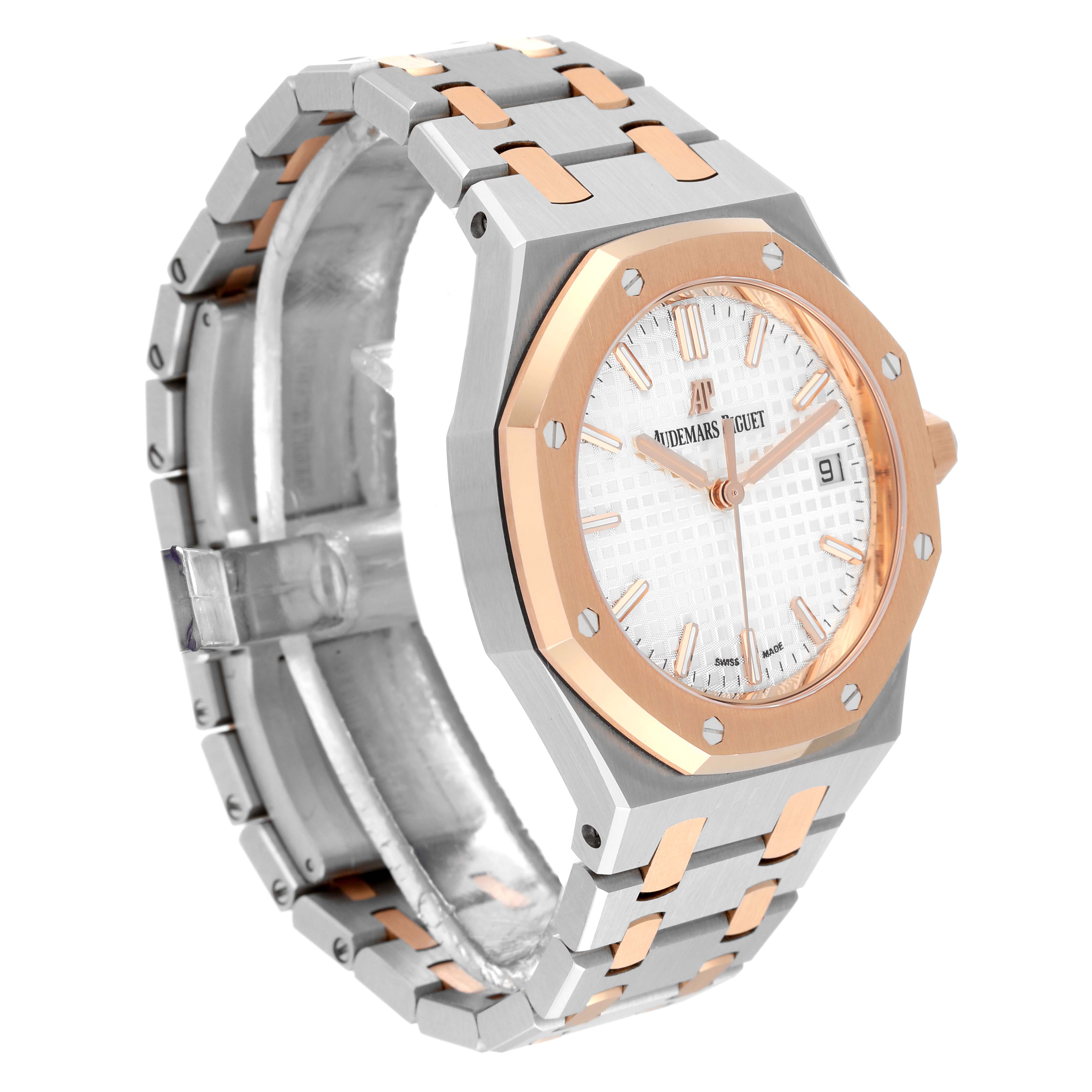 The image shows a side and front view of the Audemars Piguet Royal Oak 77350SR.OO.1261SR.01 Men's Steel and Gold (two tone) Silver Dial 77350SR.OO.1261SR.01 Men's Steel and Gold (two tone) Silver Dial watch, highlighting its dial, bezel, and bracelet.