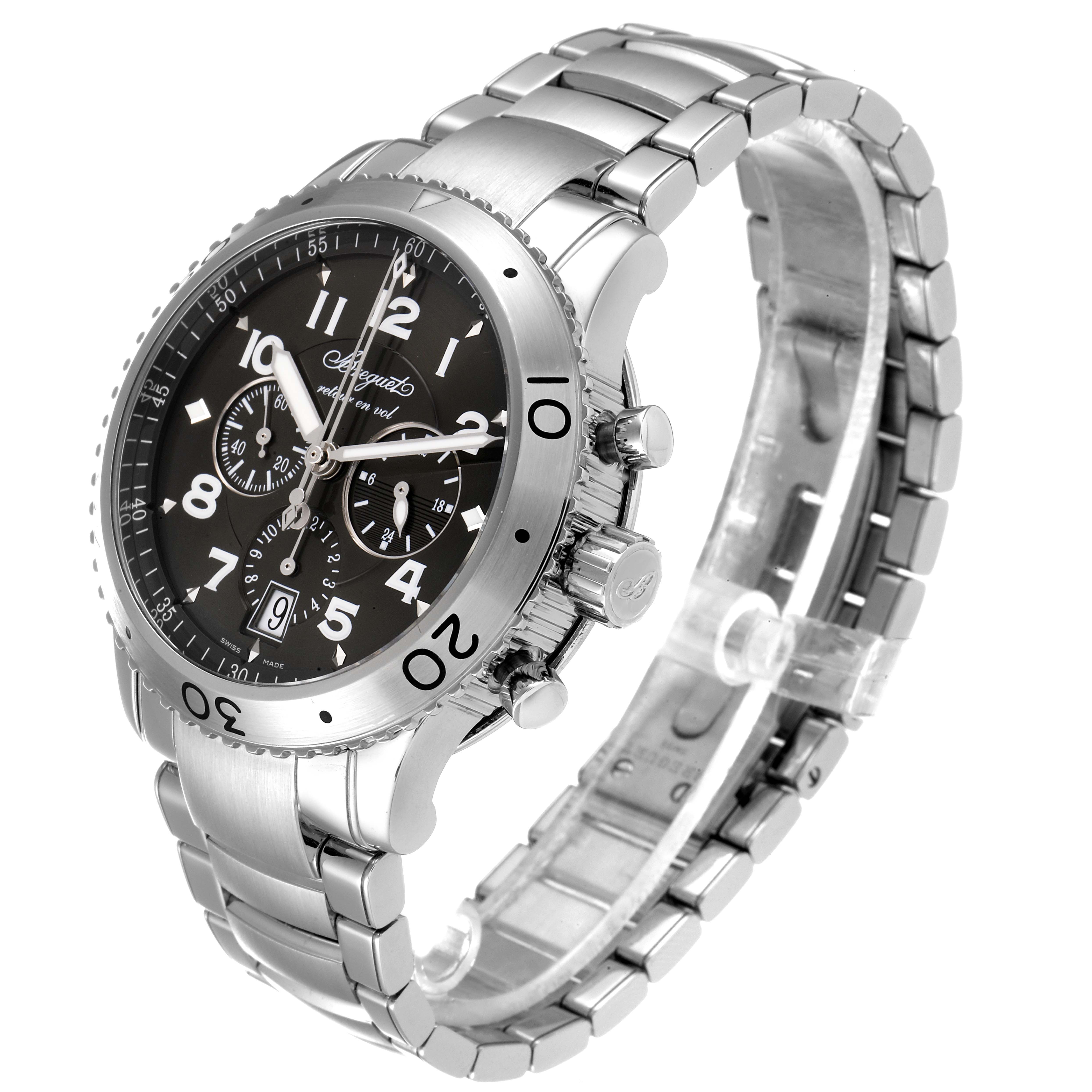 The Breguet Type XX - XXI - XXII 3810ST/92/SZ9 Men's Stainless Steel Silver Dial 3810ST/92/SZ9 Men's Stainless Steel Silver Dial model watch is shown from a three-quarter angle, highlighting its dial, bezel, and bracelet.