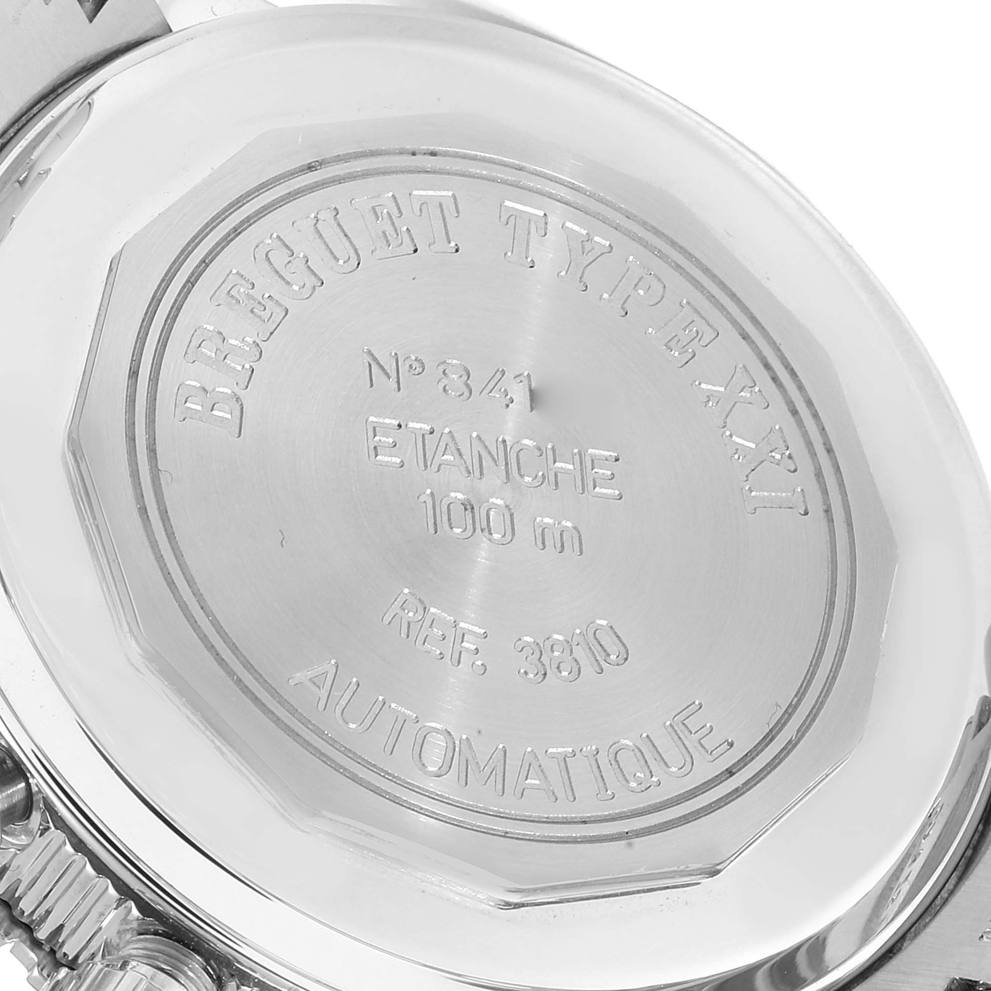 The image shows the back case of a Breguet Type XXI watch, displaying the model details and specifications.