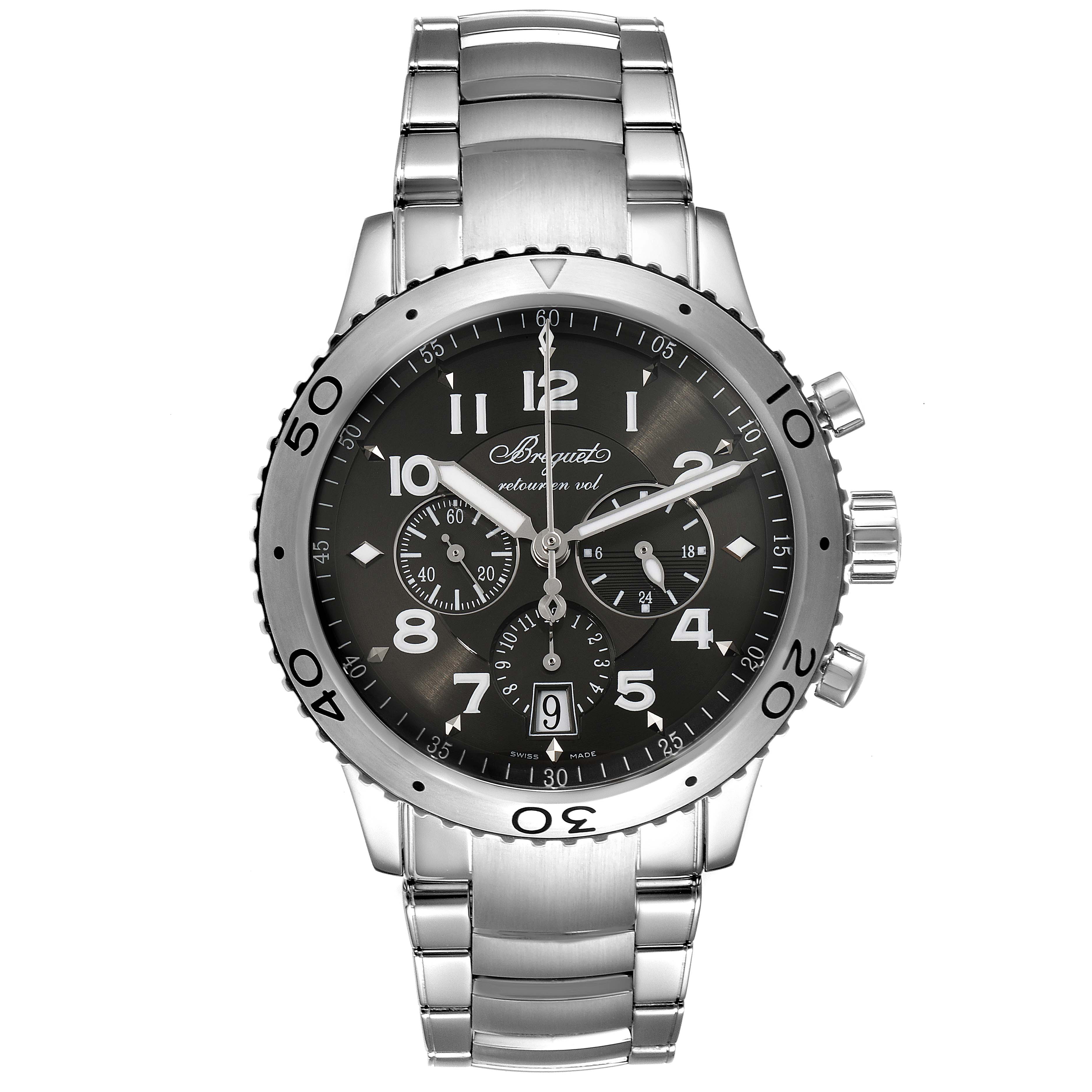 This image shows a front view of a Breguet Type XX - XXI - XXII 3810ST/92/SZ9 Men's Stainless Steel Silver Dial 3810ST/92/SZ9 Men's Stainless Steel Silver Dial model watch, highlighting its dial, bezel, and bracelet.