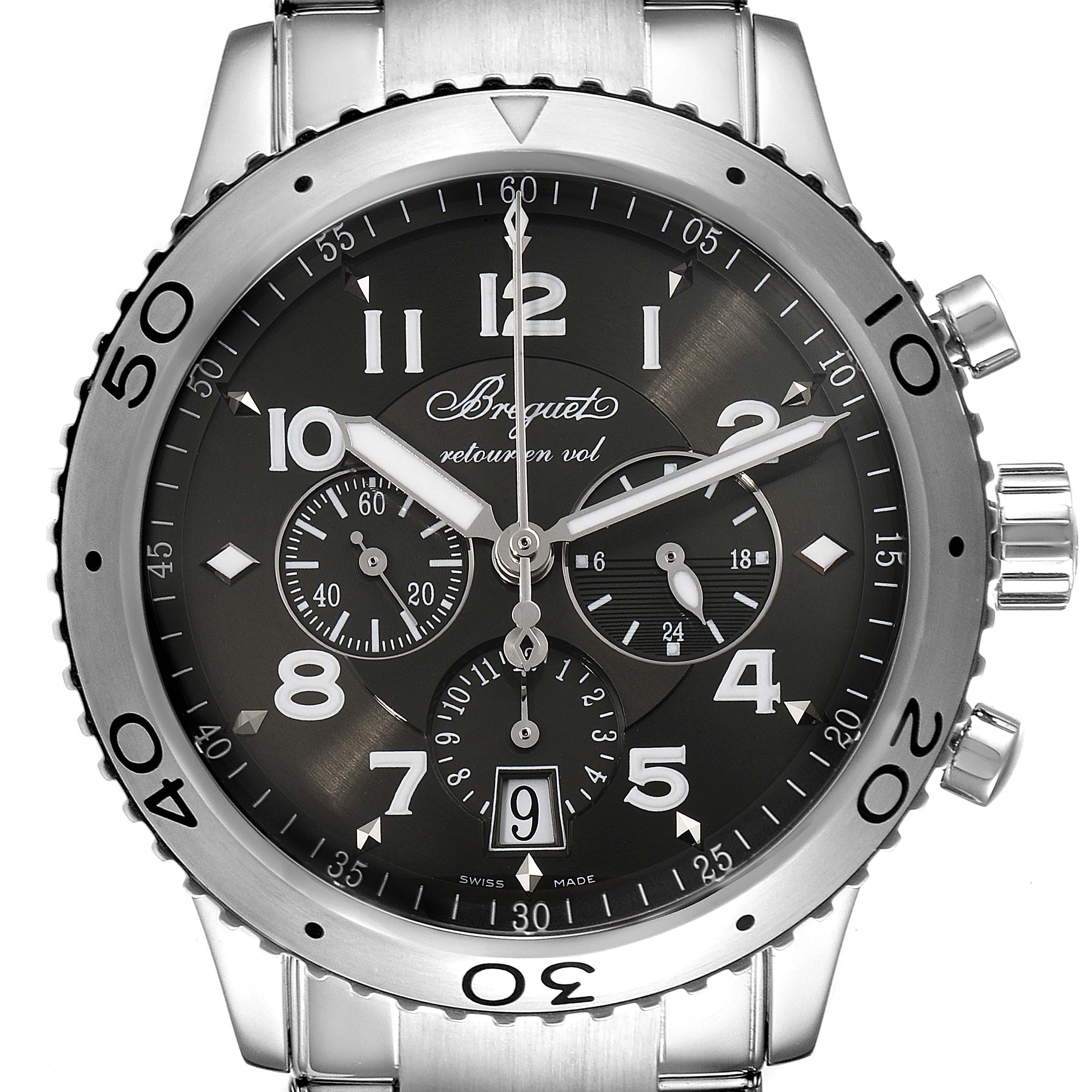 The image shows a front view of the Breguet Type XX - XXI - XXII 3810ST/92/SZ9 Men's Stainless Steel Silver Dial 3810ST/92/SZ9 Men's Stainless Steel Silver Dial watch, highlighting its dial, bezel, and chronograph subdials.
