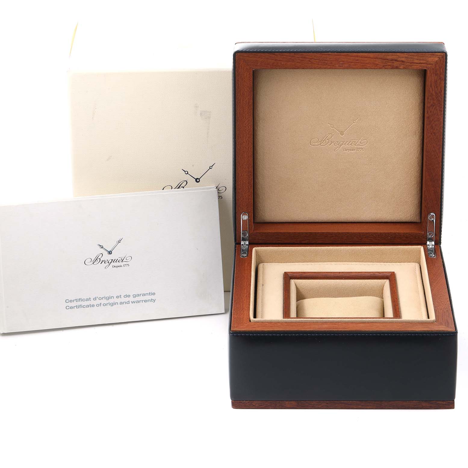 The image shows the open box and certificate of origin and warranty for the Breguet Type XX - XXI - XXII 3810ST/92/SZ9 Men's Stainless Steel Silver Dial 3810ST/92/SZ9 Men's Stainless Steel Silver Dial watch.