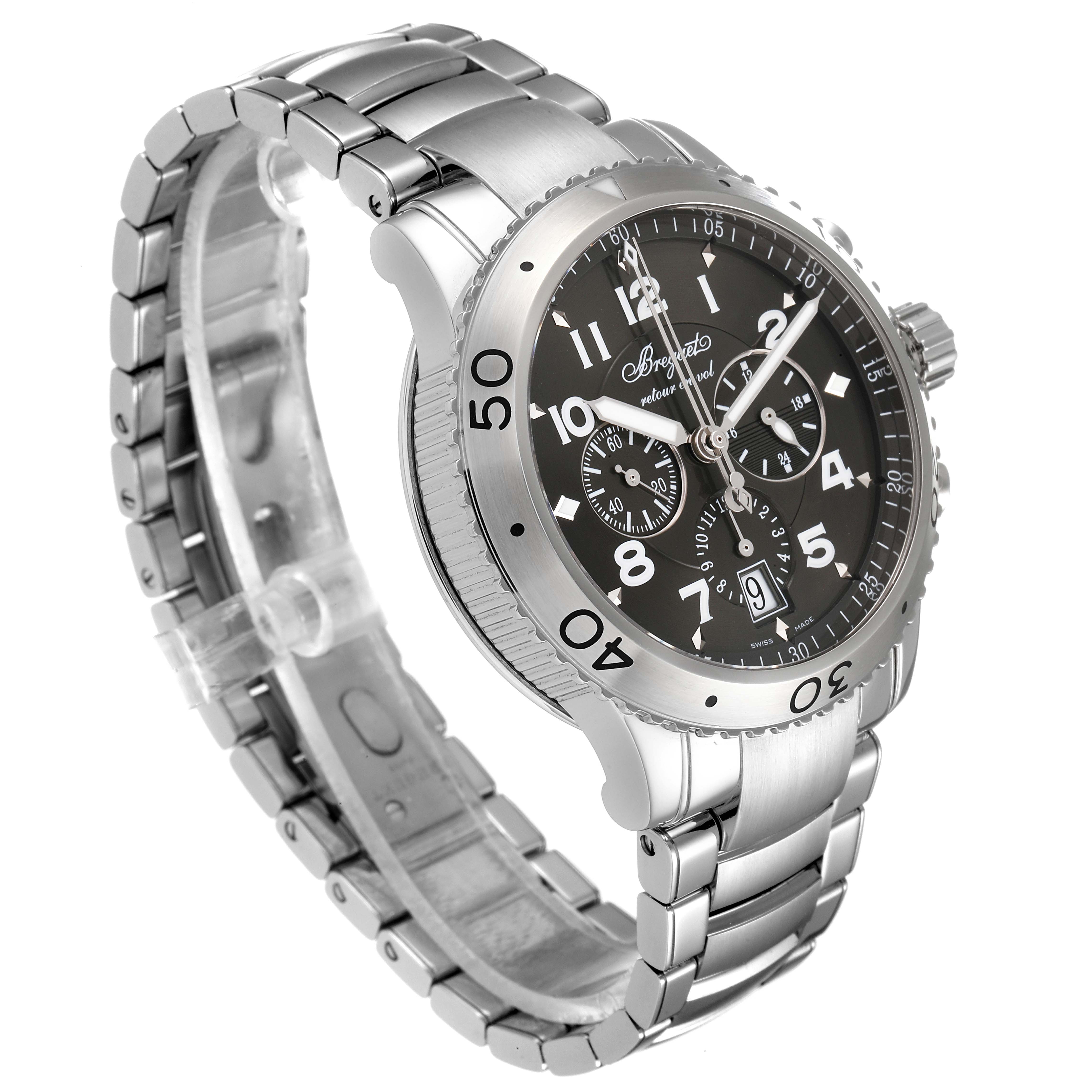 This Breguet Type XX - XXI - XXII 3810ST/92/SZ9 Men's Stainless Steel Silver Dial 3810ST/92/SZ9 Men's Stainless Steel Silver Dial watch is shown at a three-quarter angle, highlighting the front and bracelet.