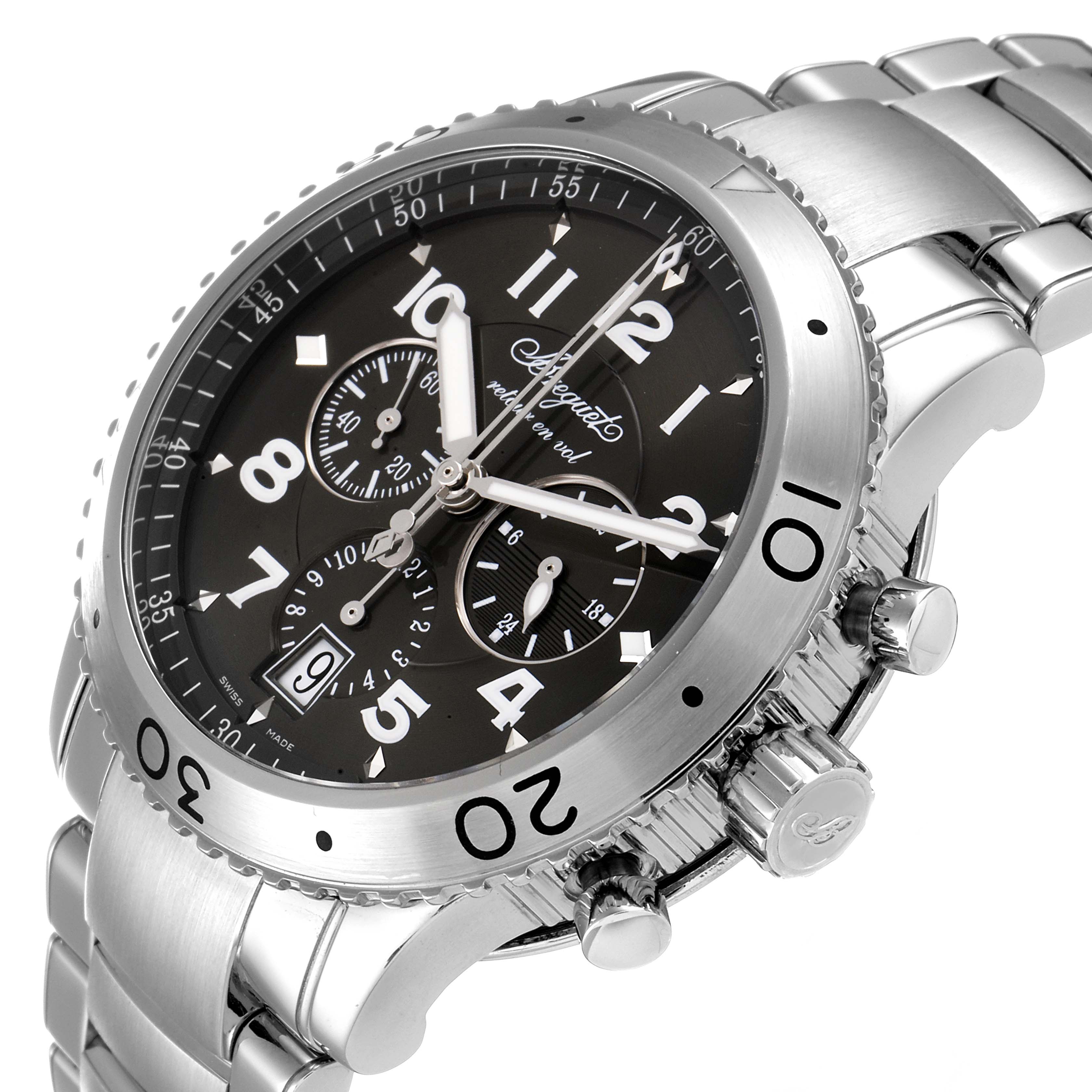 The Breguet Type XX - XXI - XXII 3810ST/92/SZ9 Men's Stainless Steel Silver Dial 3810ST/92/SZ9 Men's Stainless Steel Silver Dial watch is shown from a high-angle, displaying the dial, bezel, crown, pushers, and metal bracelet.