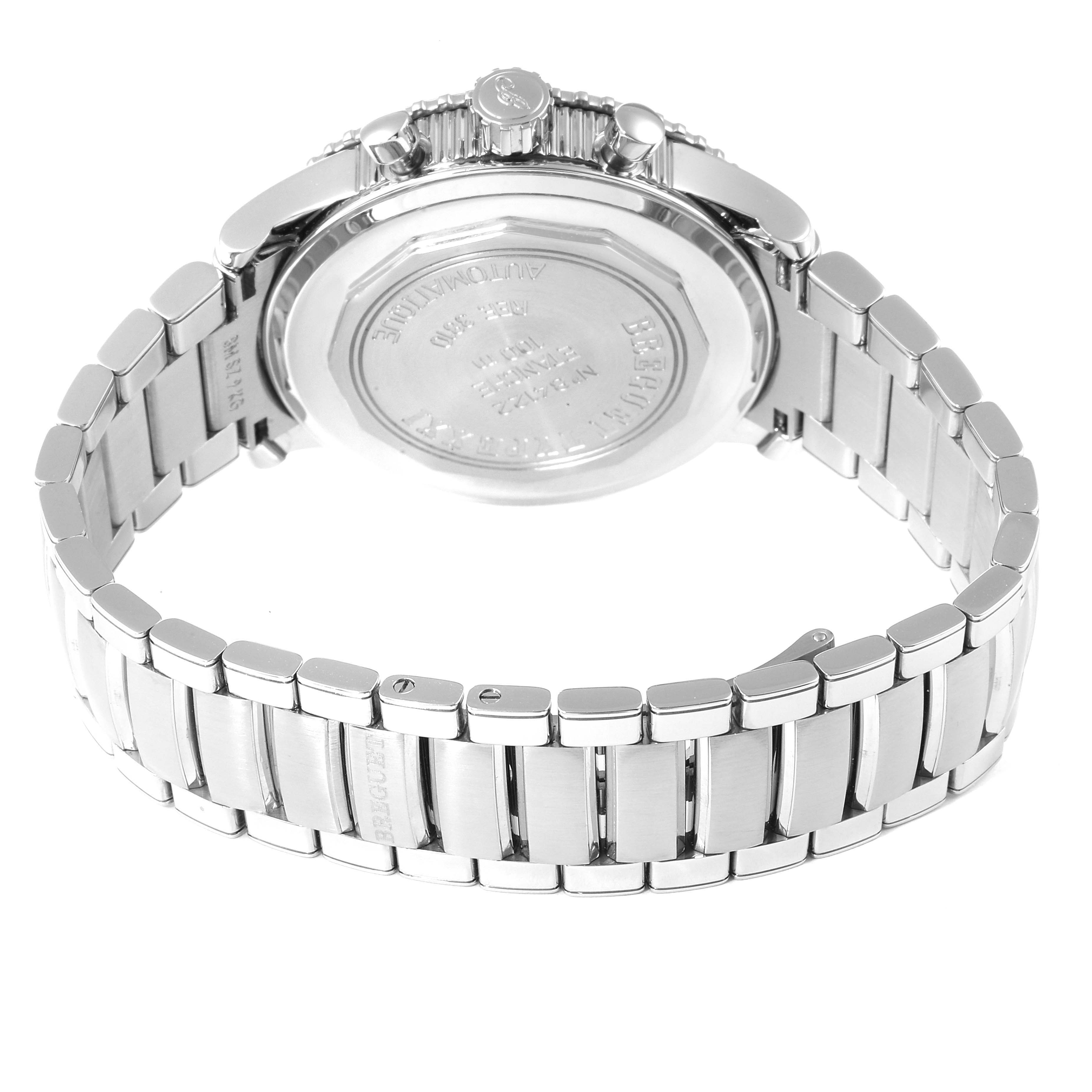 The image shows the back of the Breguet Type XX - XXI - XXII 3810ST/92/SZ9 Men's Stainless Steel Silver Dial 3810ST/92/SZ9 Men's Stainless Steel Silver Dial watch, focusing on the case back and metal bracelet.