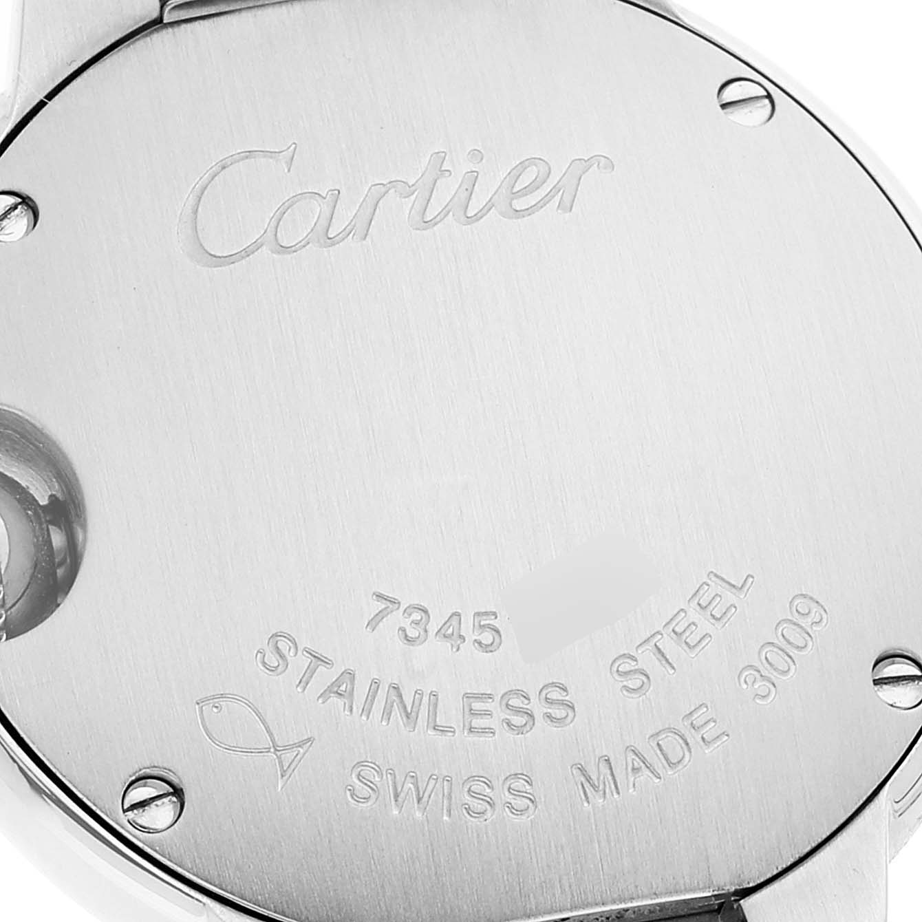 This image shows the back of a Cartier Ballon Bleu W6920038 Women
s Stainless Steel Pink Dial W6920038 Women
s Stainless Steel Pink Dial watch, showcasing the brand name and watch specifications.