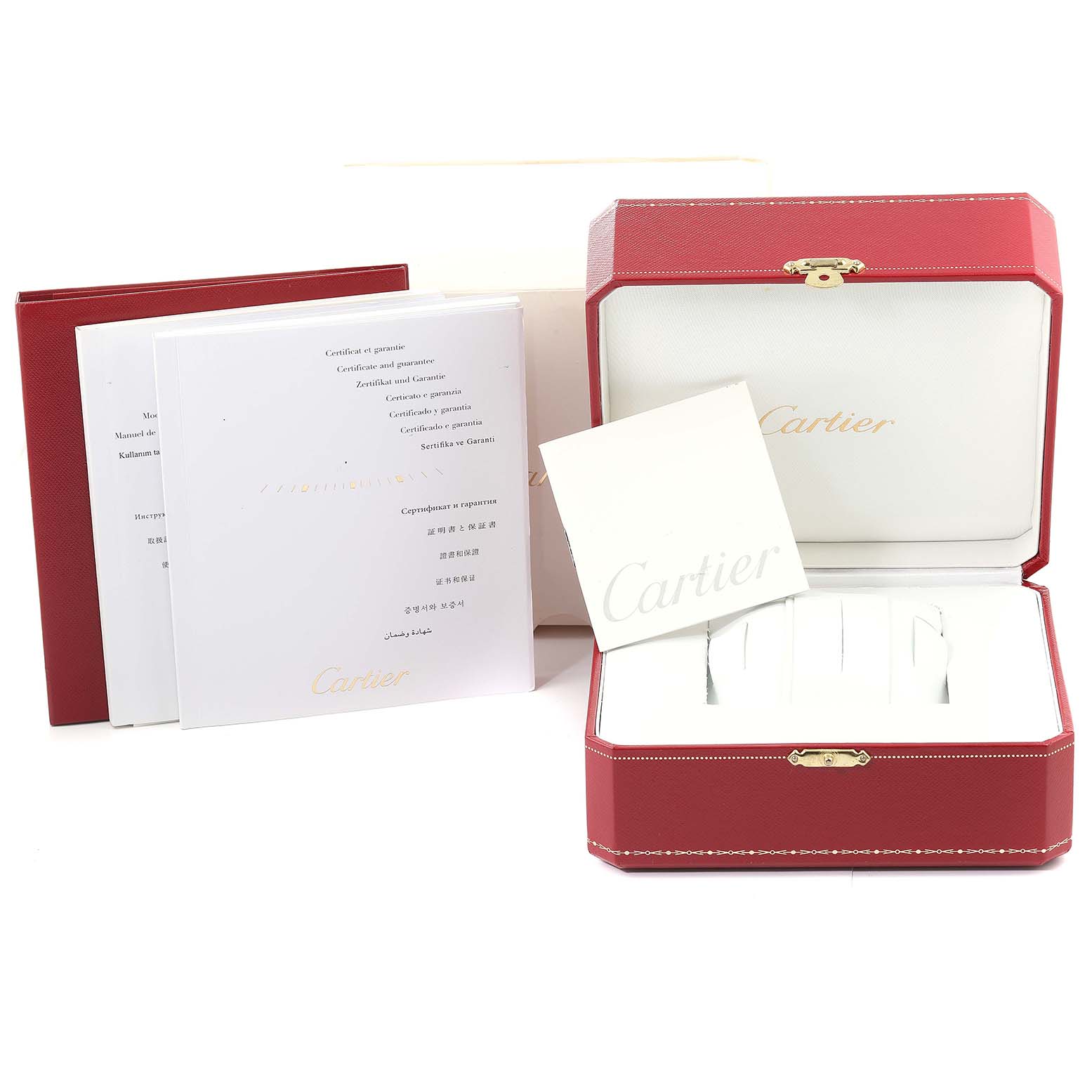 This image shows the packaging and documentation for a Cartier Ballon Bleu W6920038 Women
s Stainless Steel Pink Dial W6920038 Women
s Stainless Steel Pink Dial watch, including the box and manuals.